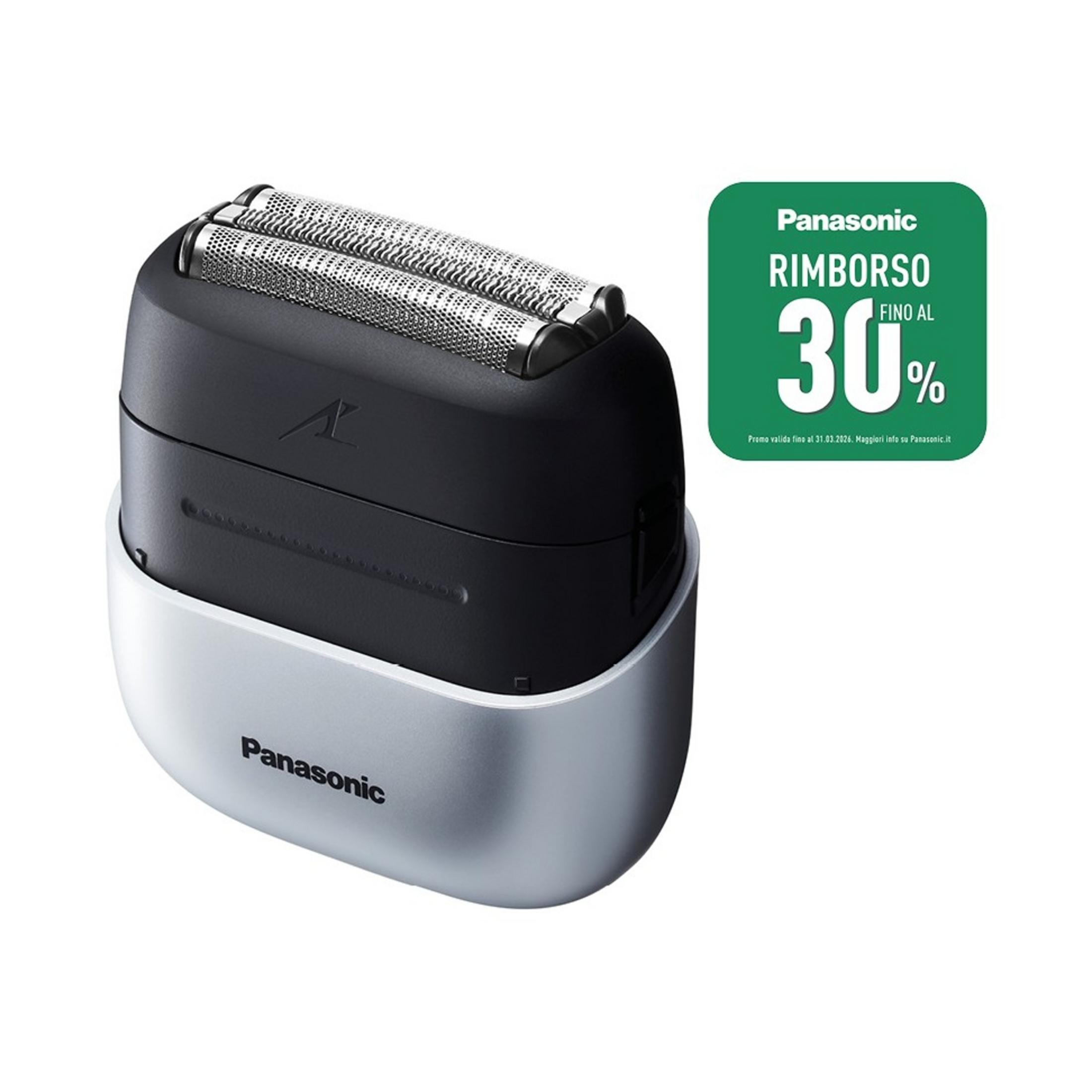 Ein Panasonic Rasierer mit silbernem und schwarzem Gehäuse, daneben ein grüner Aufkleber mit 30% Rabatt.