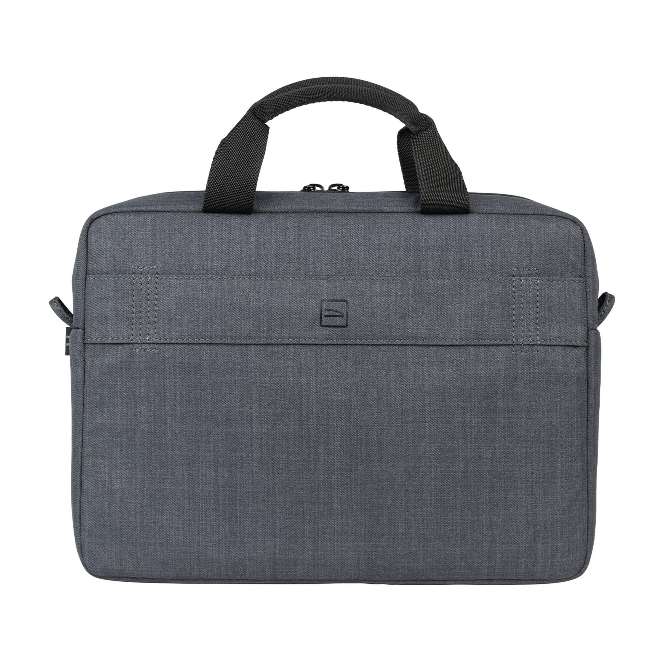 Borsa grigia per laptop con due manici e un logo.