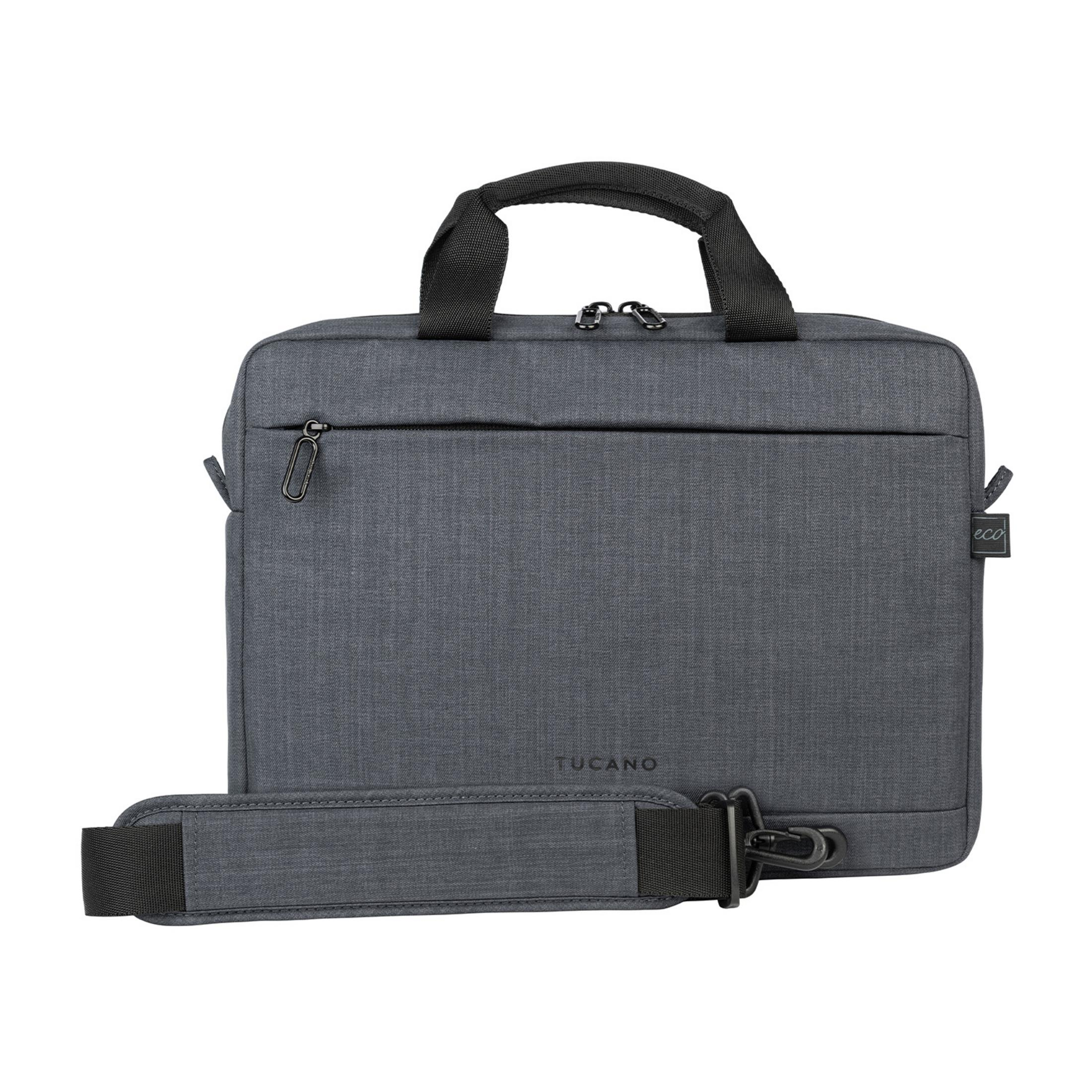 Borsa Tucano grigia per laptop con manici e tracolla rimovibile.