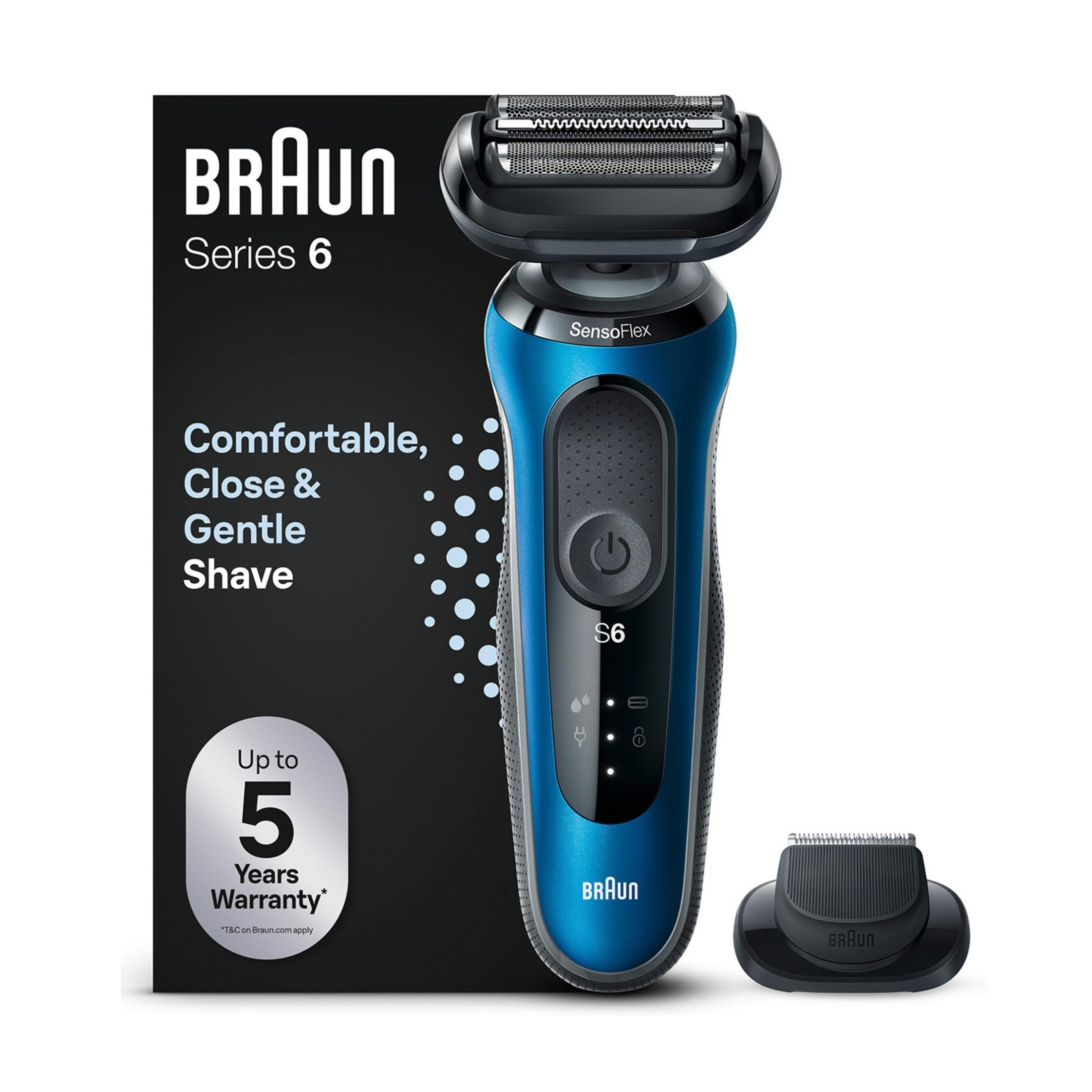 Niebieska golarka elektryczna Braun Series 6 z akcesoriami i opakowaniem.