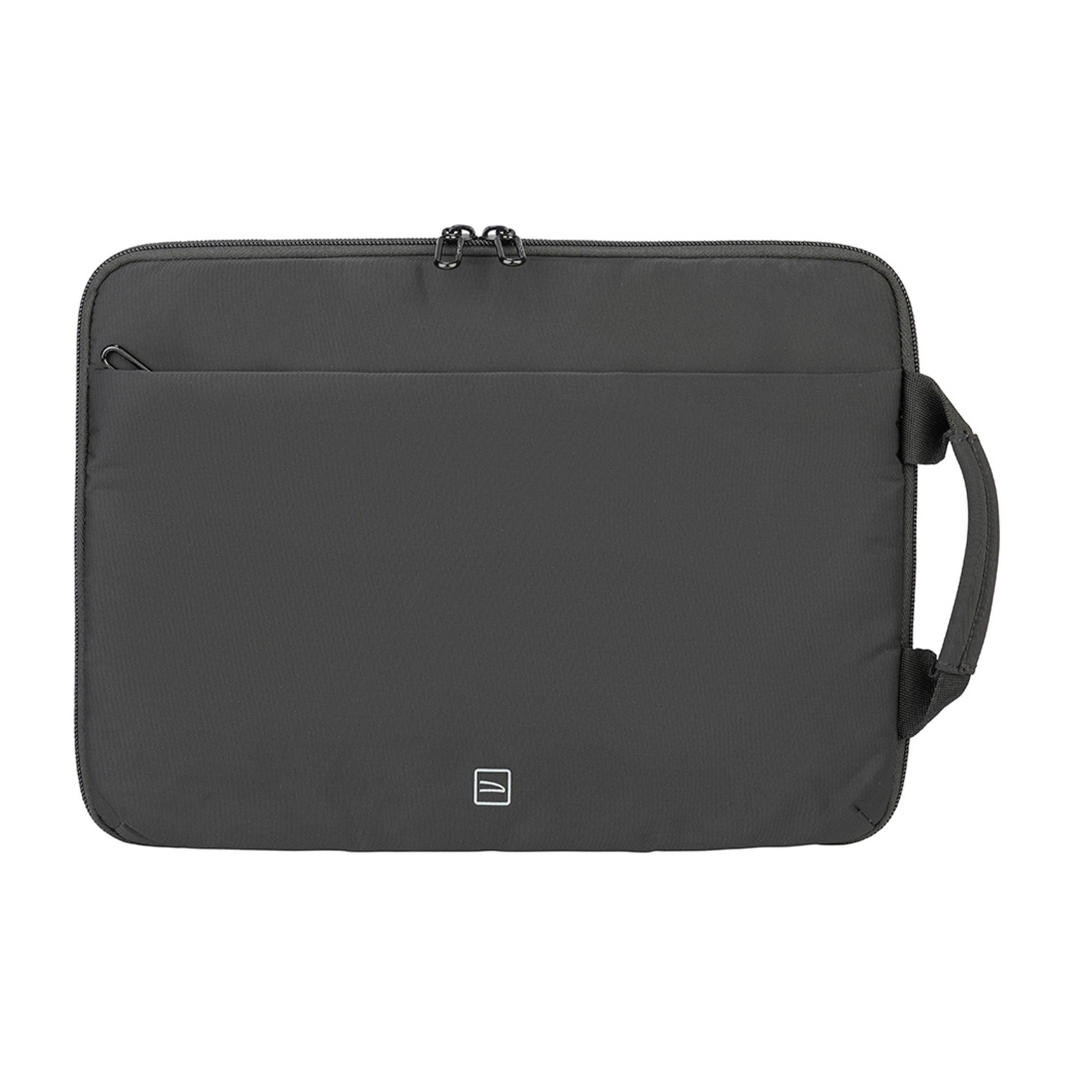 Eine schwarze Laptoptasche mit zwei Reißverschlüssen und einem Griff.