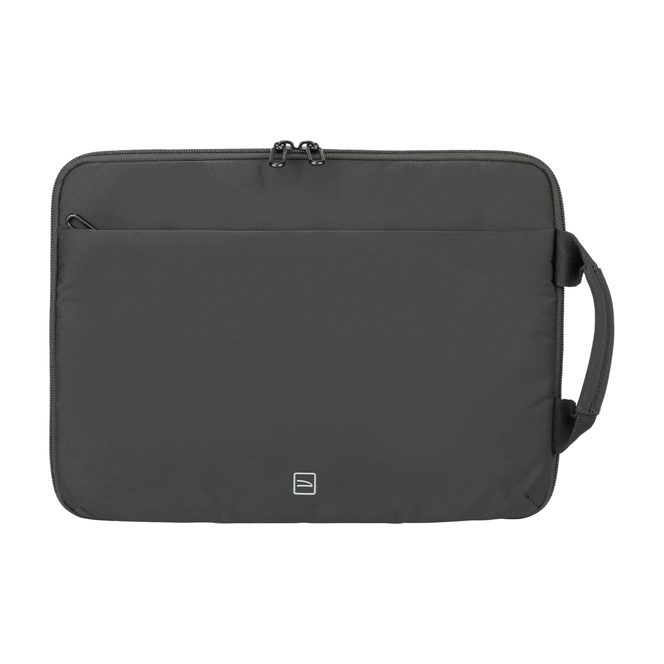 Eine dunkle Laptoptasche mit Tragegriffen und Reißverschlusstasche.