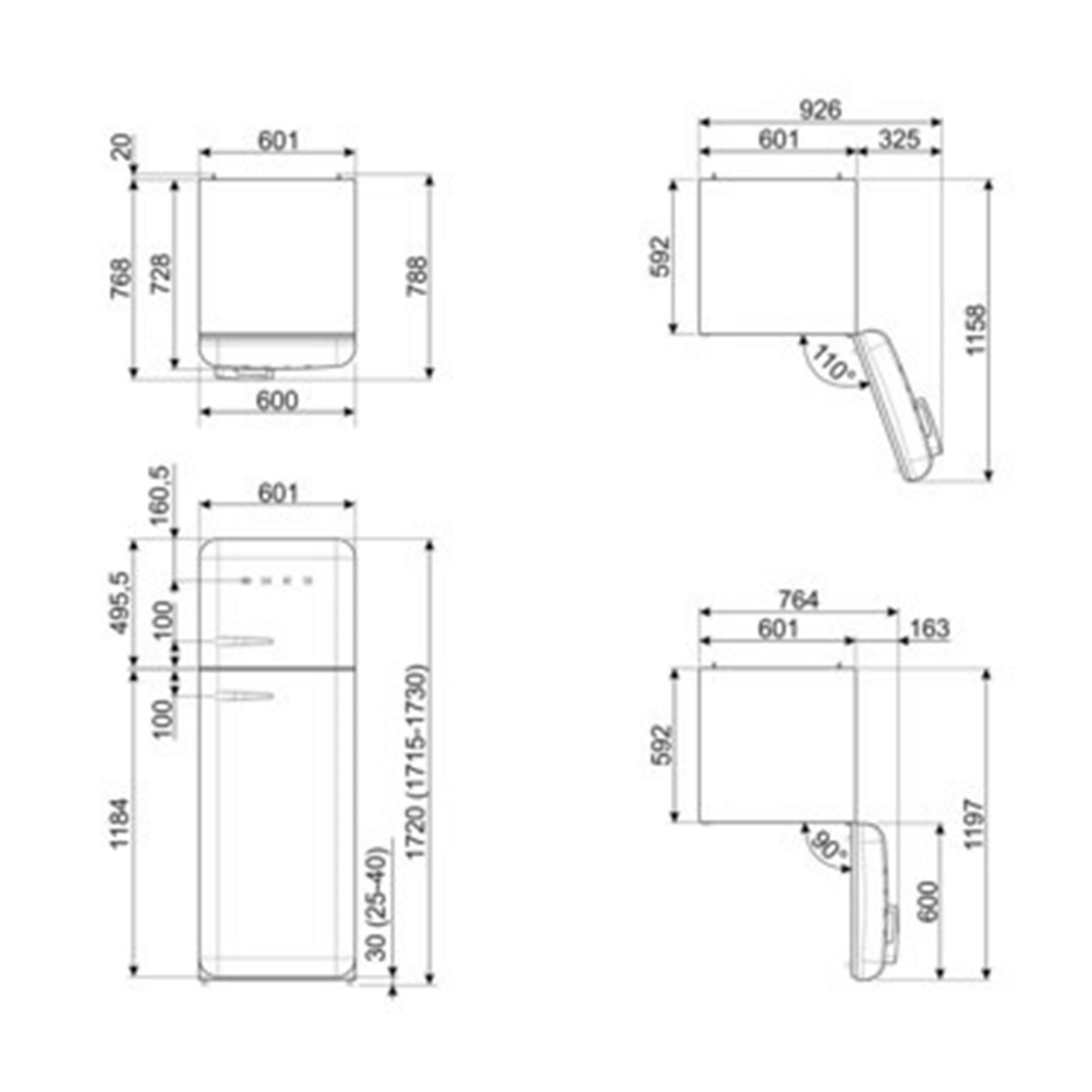 Dibujo técnico de un refrigerador con dimensiones y ángulos.