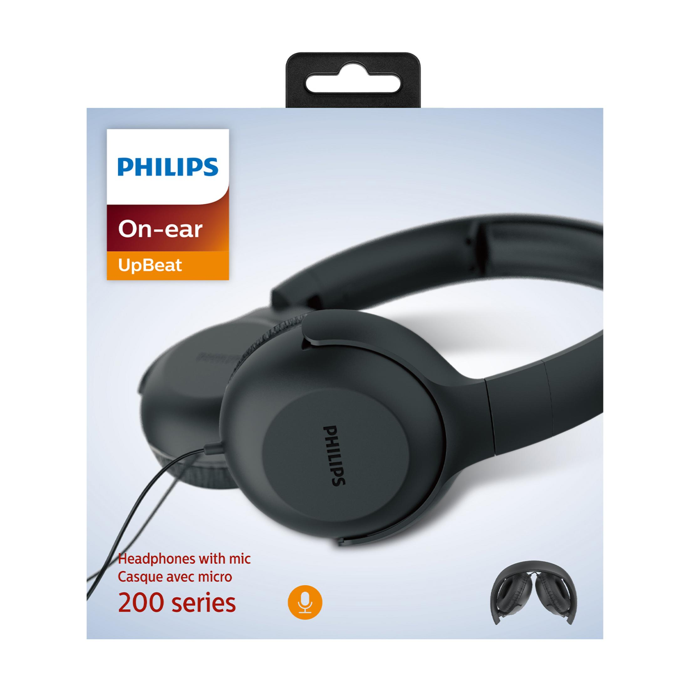 Casque noir Philips On-ear avec micro, série 200, sur fond blanc.
