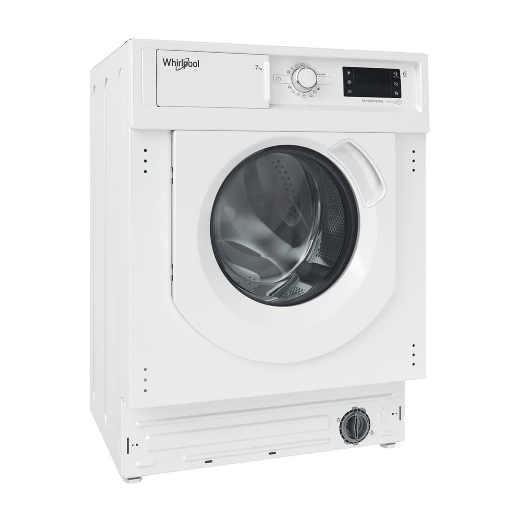 Lavadora blanca Whirlpool con puerta redonda y panel de control.