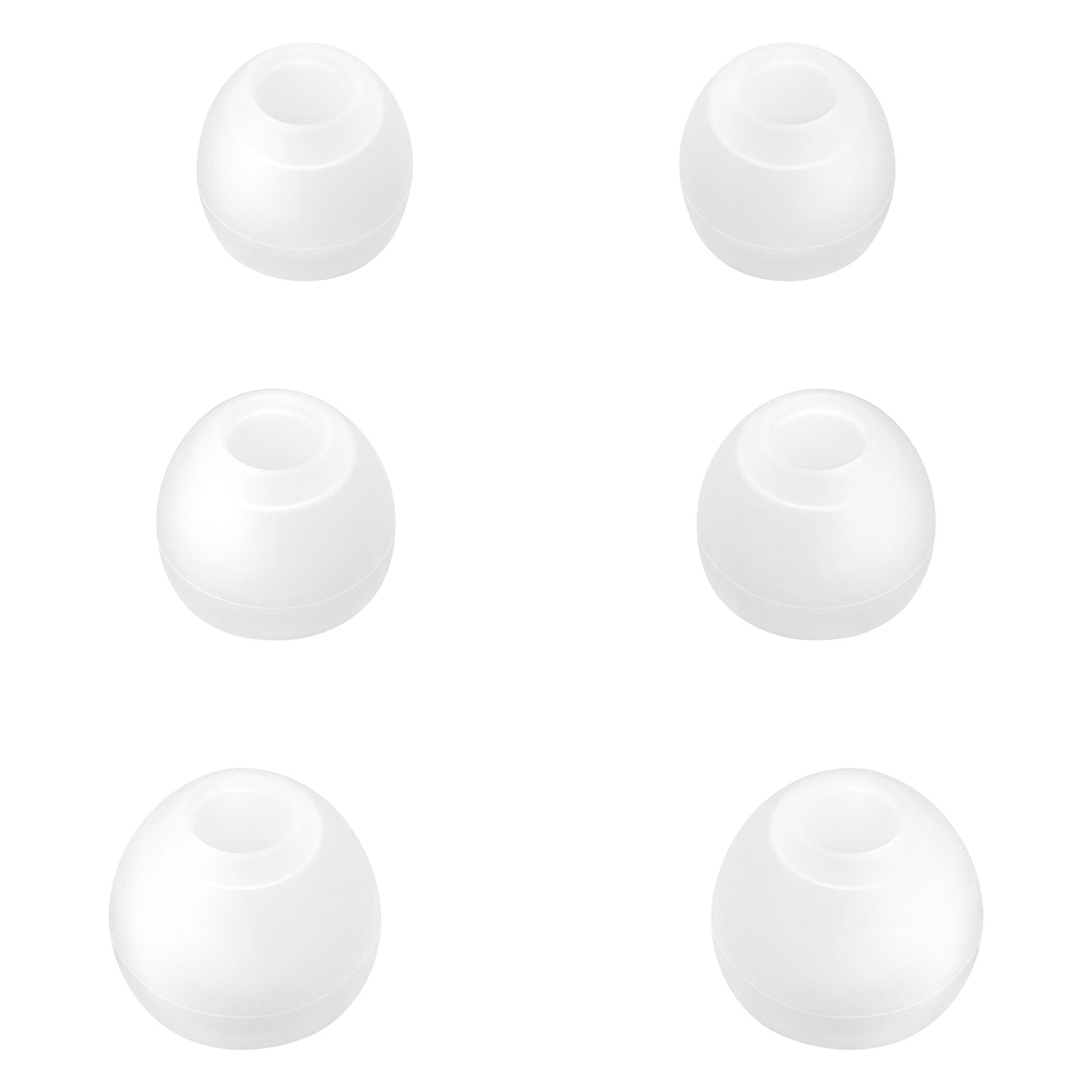 Sześć białych końcówek do słuchawek w dwóch kolumnach.