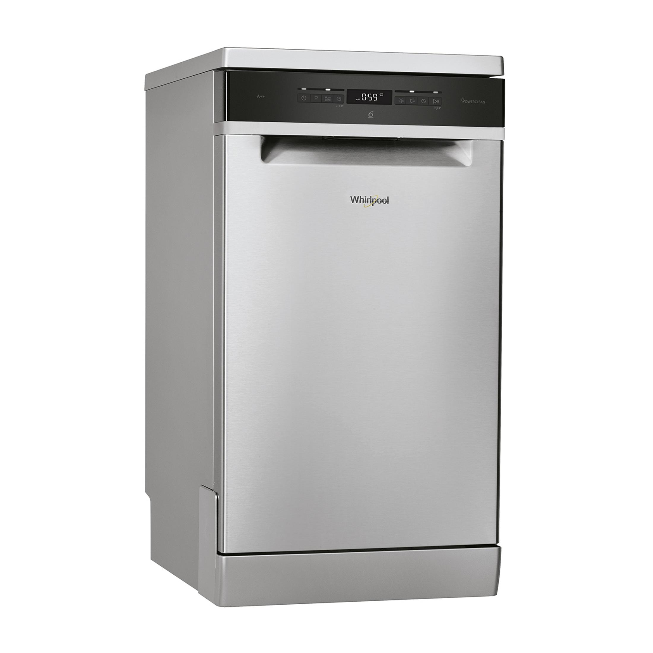 Lavastoviglie Whirlpool argentata con display digitale e pannello di controllo.