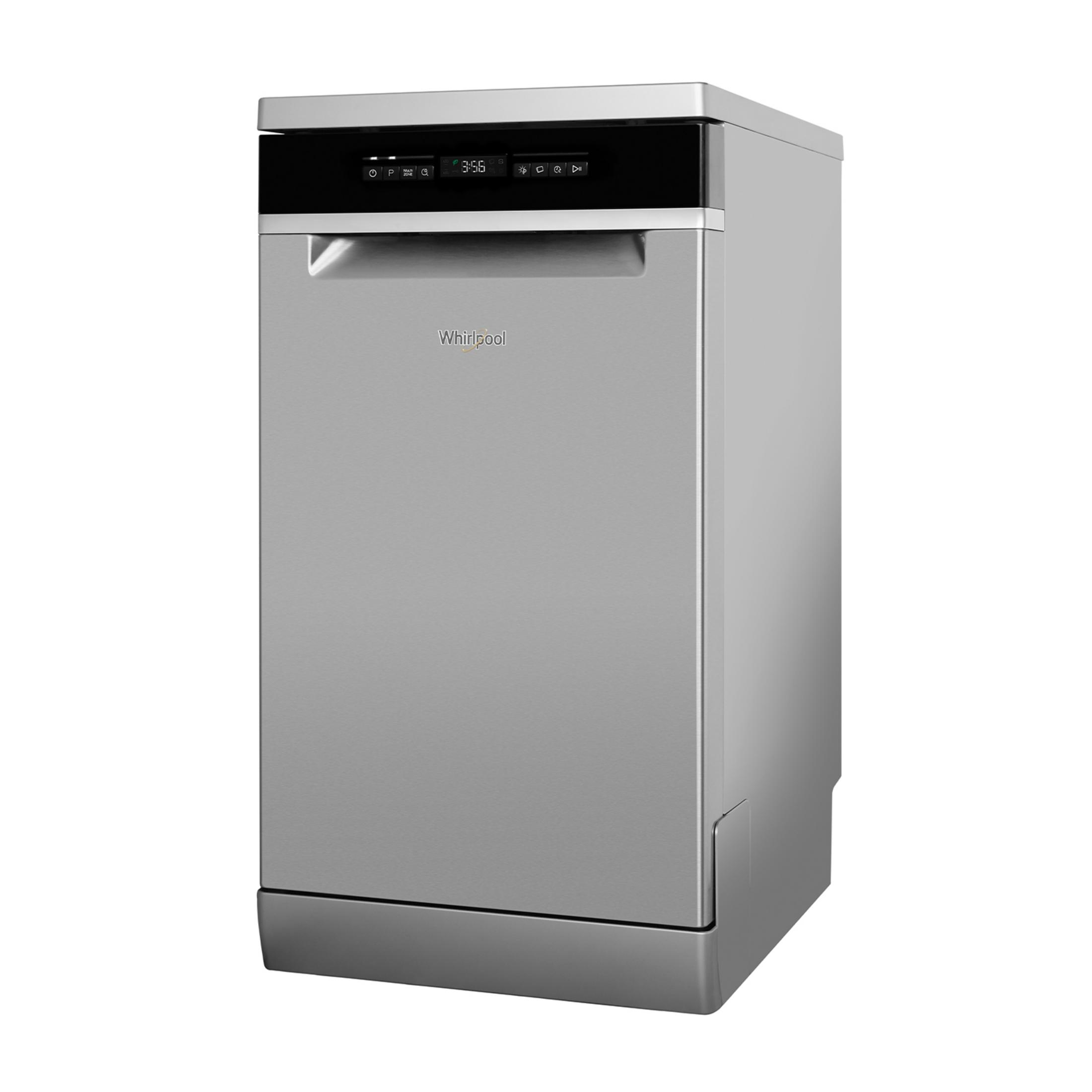 Lavastoviglie Whirlpool argento con display digitale e pannello di controllo.