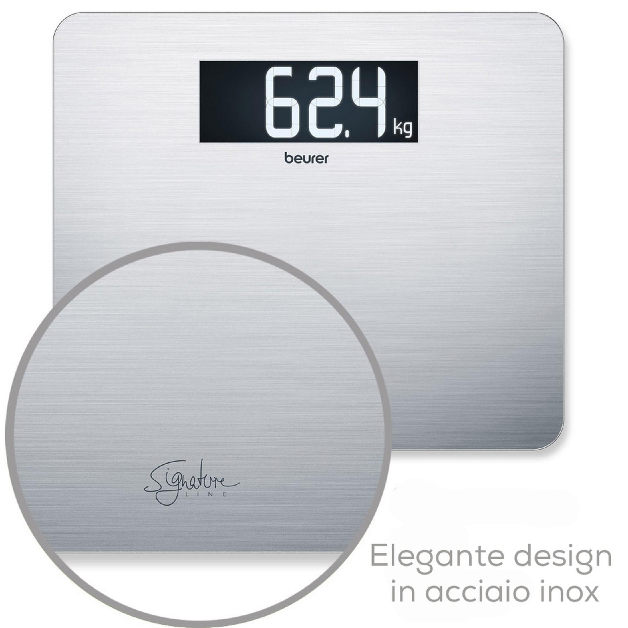 Balance numérique argentée avec affichage de 62,4 kg.