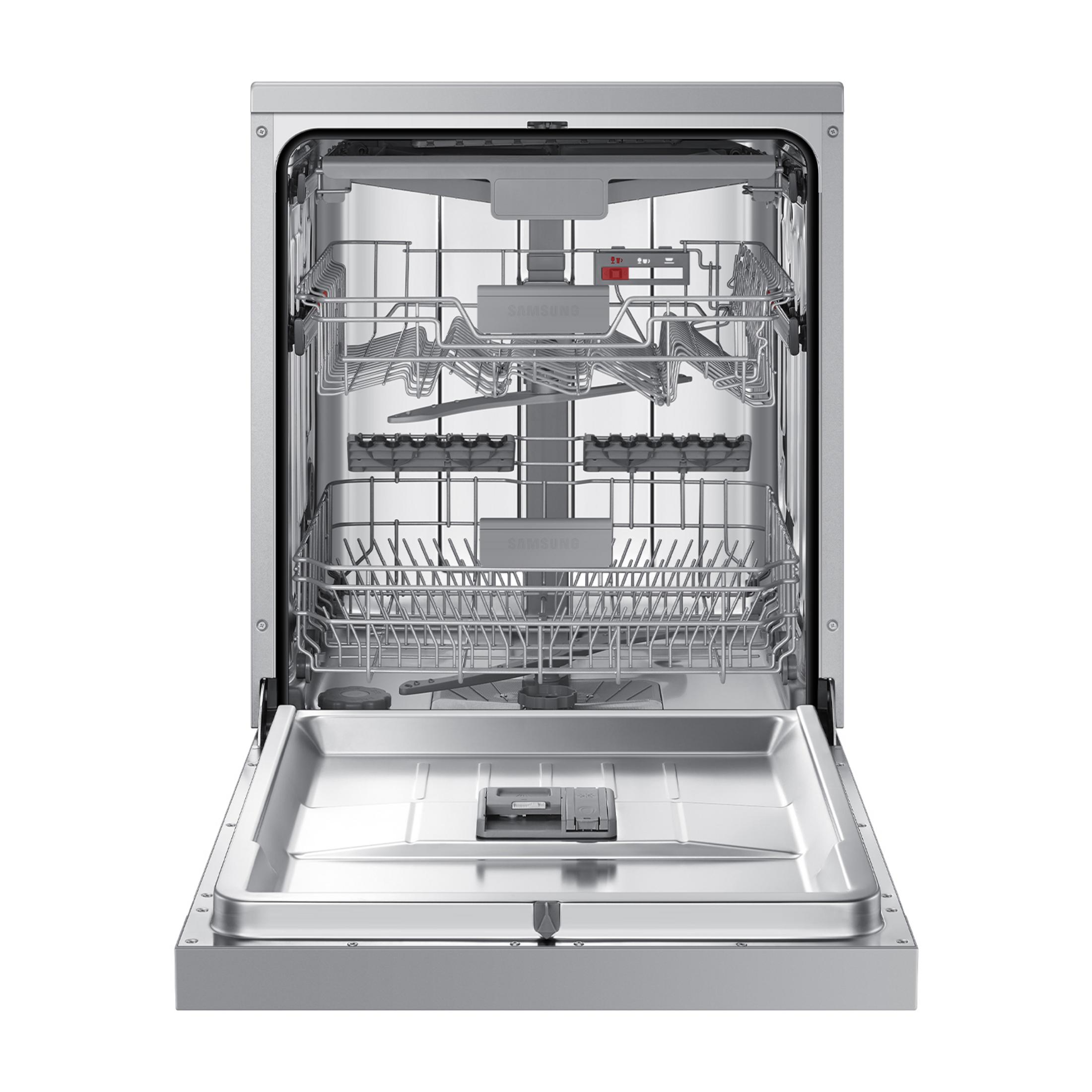 Otwarta srebrna zmywarka z dwoma koszami i ramionami natryskowymi.