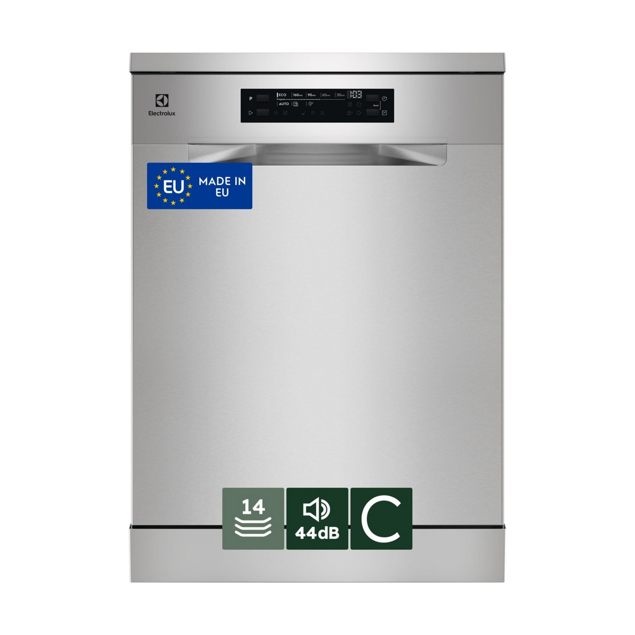 Una lavastoviglie argento con pannello di controllo ed etichetta UE. Mostra 14 coperti, 44dB, classe energetica C.