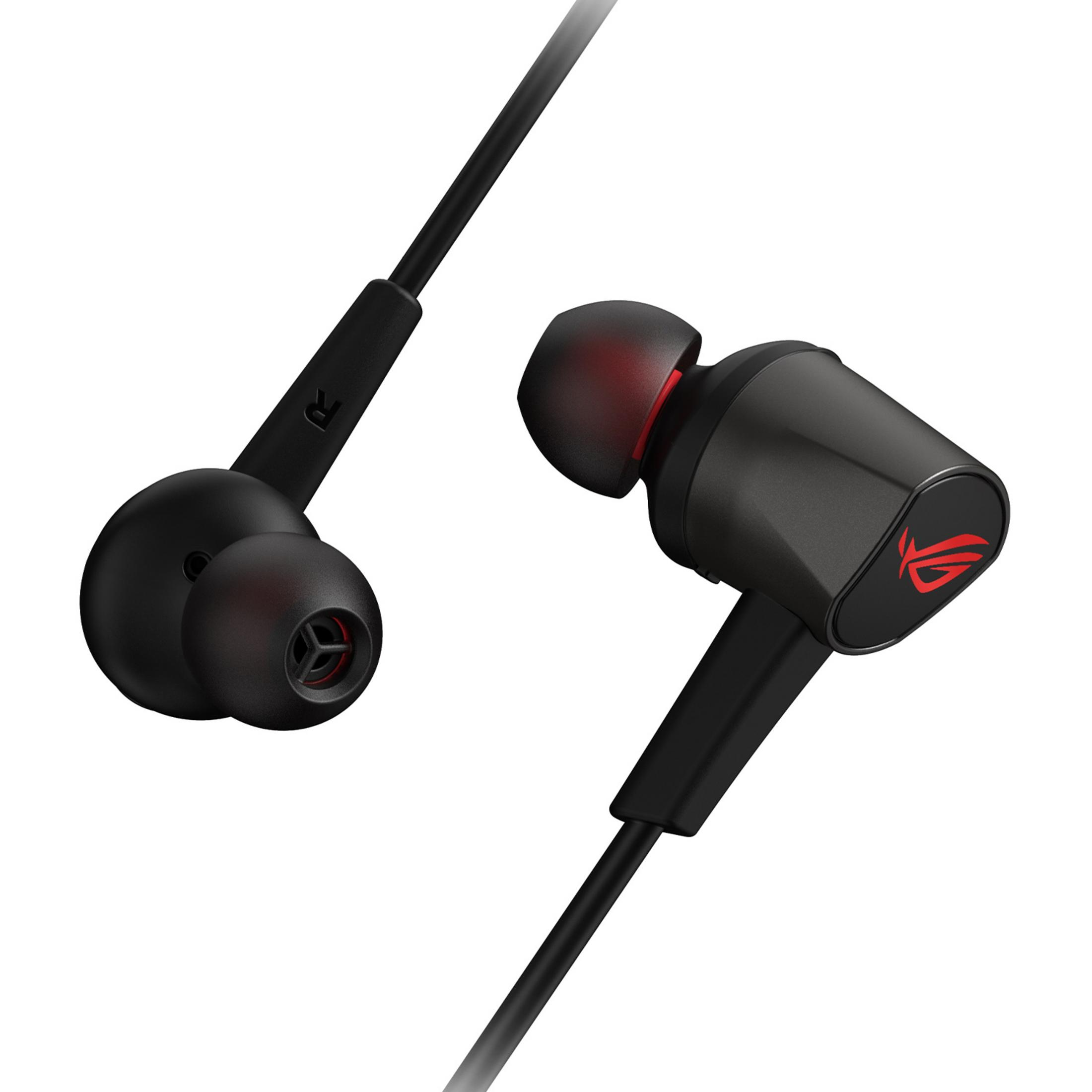 Czarne słuchawki douszne z czerwonym logo ROG i czerwonym podświetleniem.