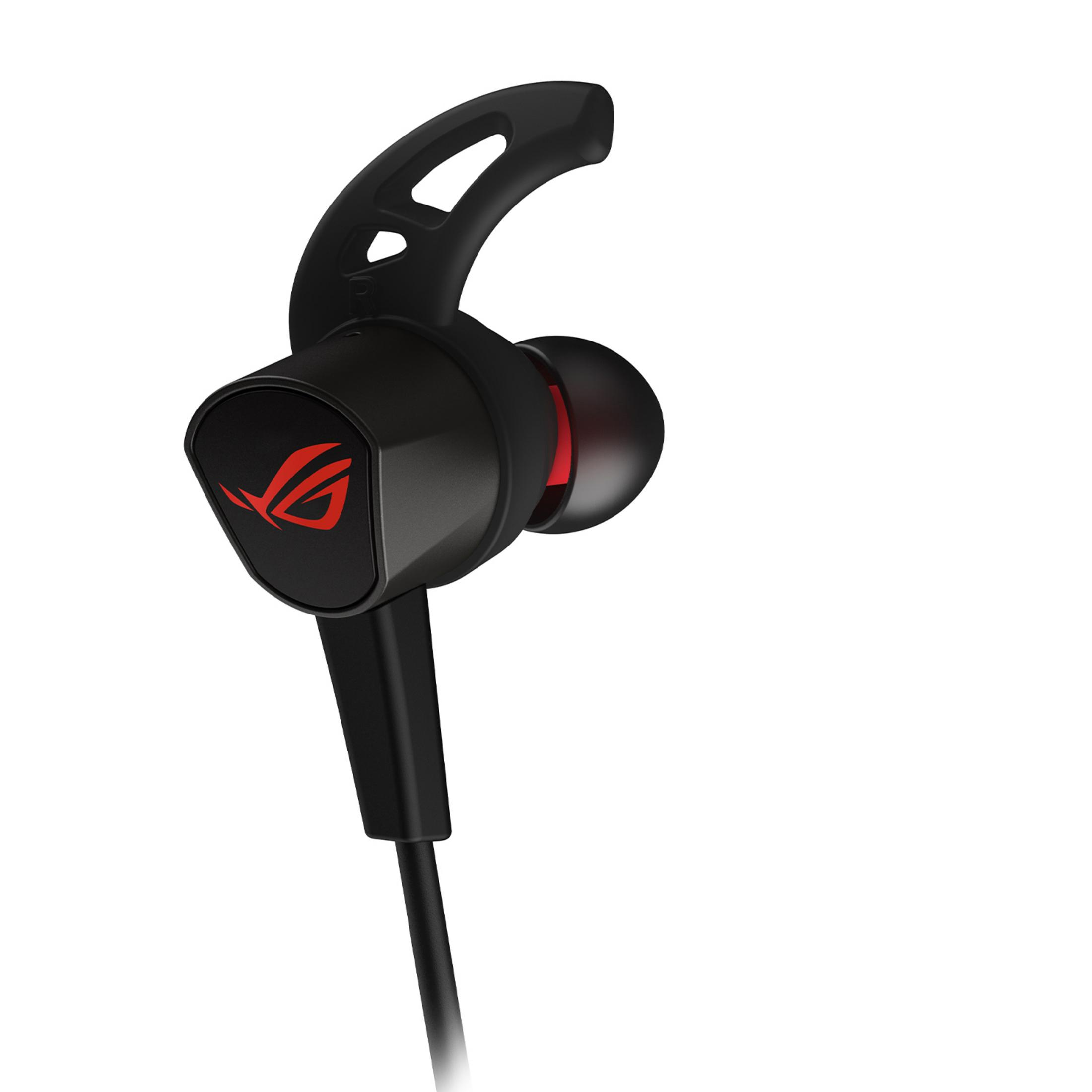 Czarny słuchawki douszne z czerwonym logo ROG i czerwonym akcentem.