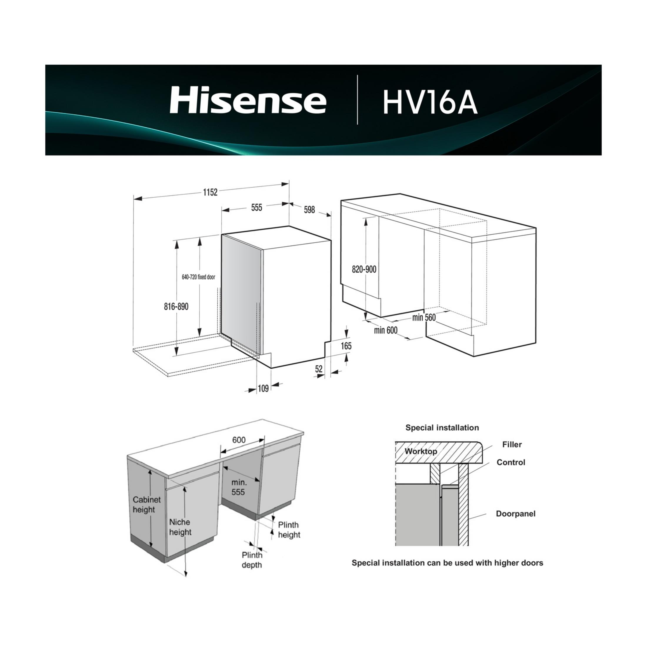 Dibujo técnico de un electrodoméstico Hisense HV16A con dimensiones y detalles de instalación.