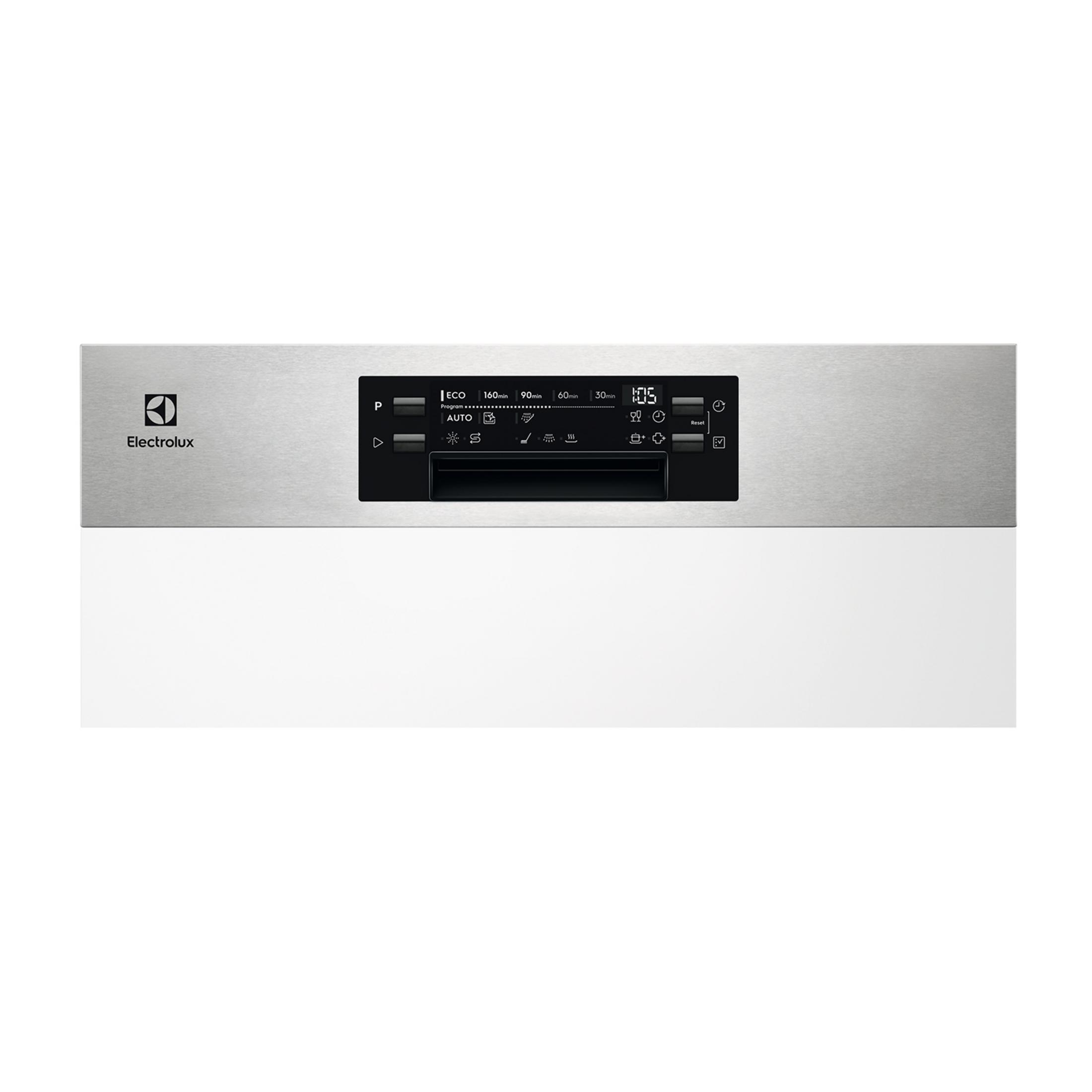 Panel sterowania zmywarki Electrolux z wyborem programów i cyfrowym wyświetlaczem czasu.