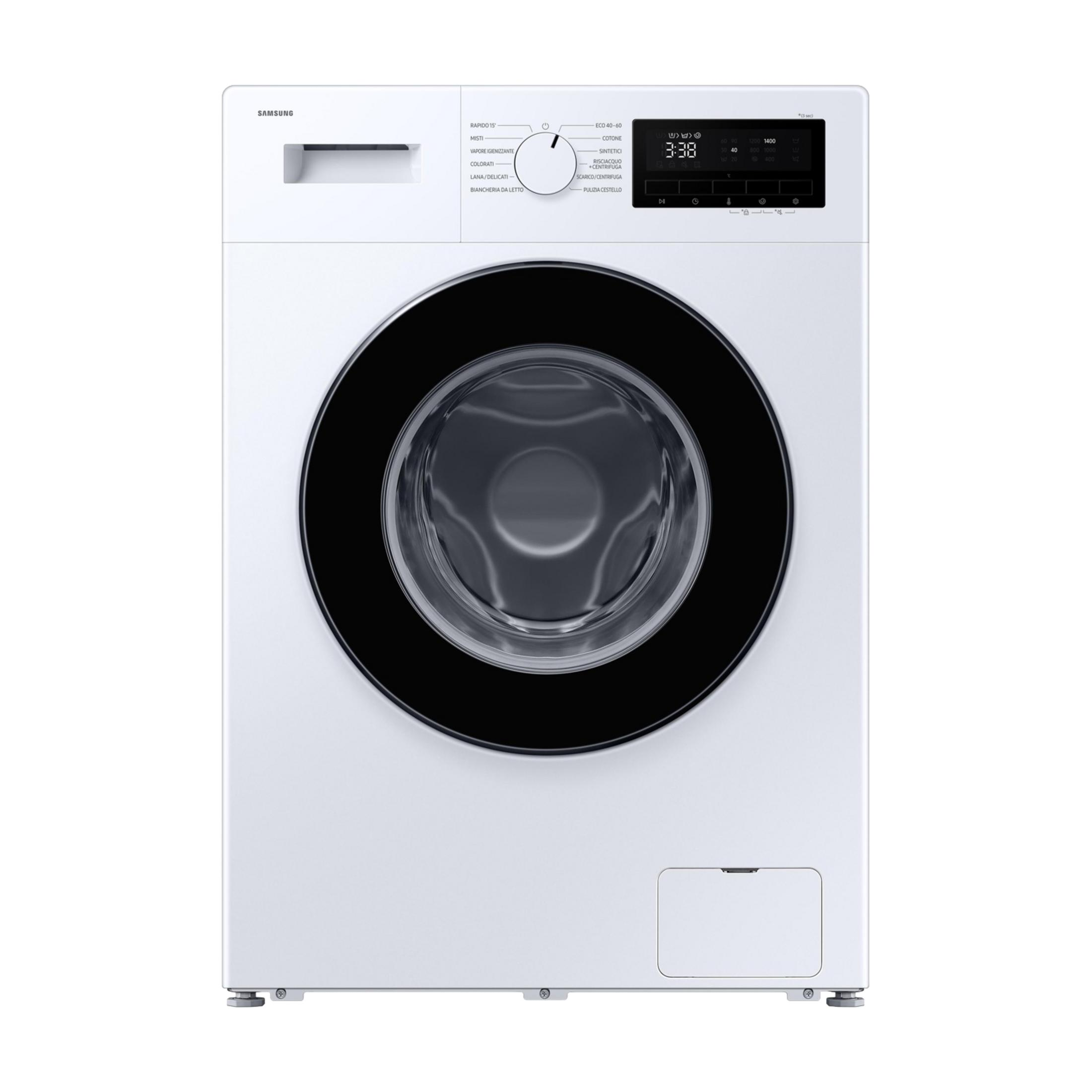 Biała pralka Samsung z czarnymi drzwiami i panelem sterowania.