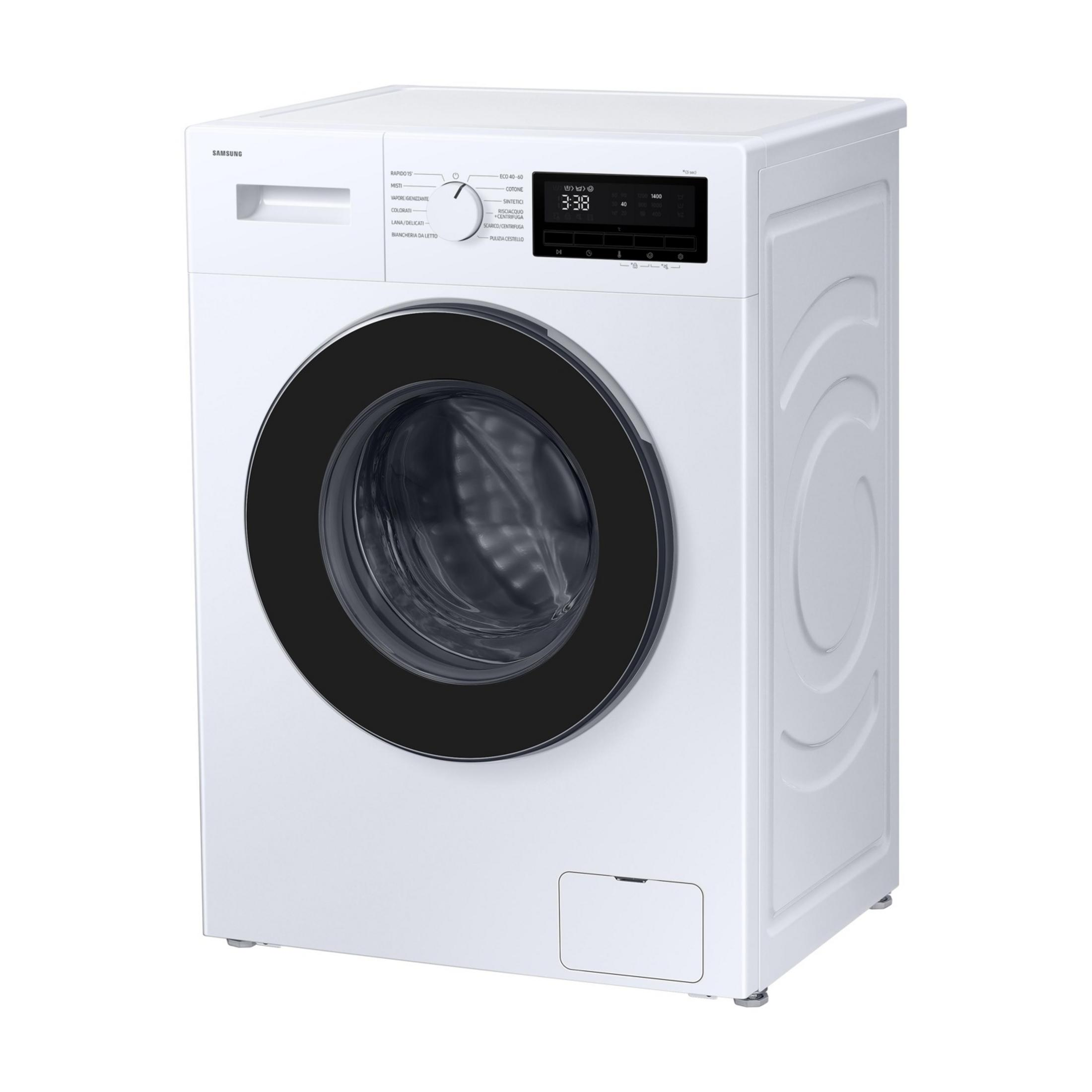 Biała pralka Samsung z czarnymi drzwiami i cyfrowym wyświetlaczem.