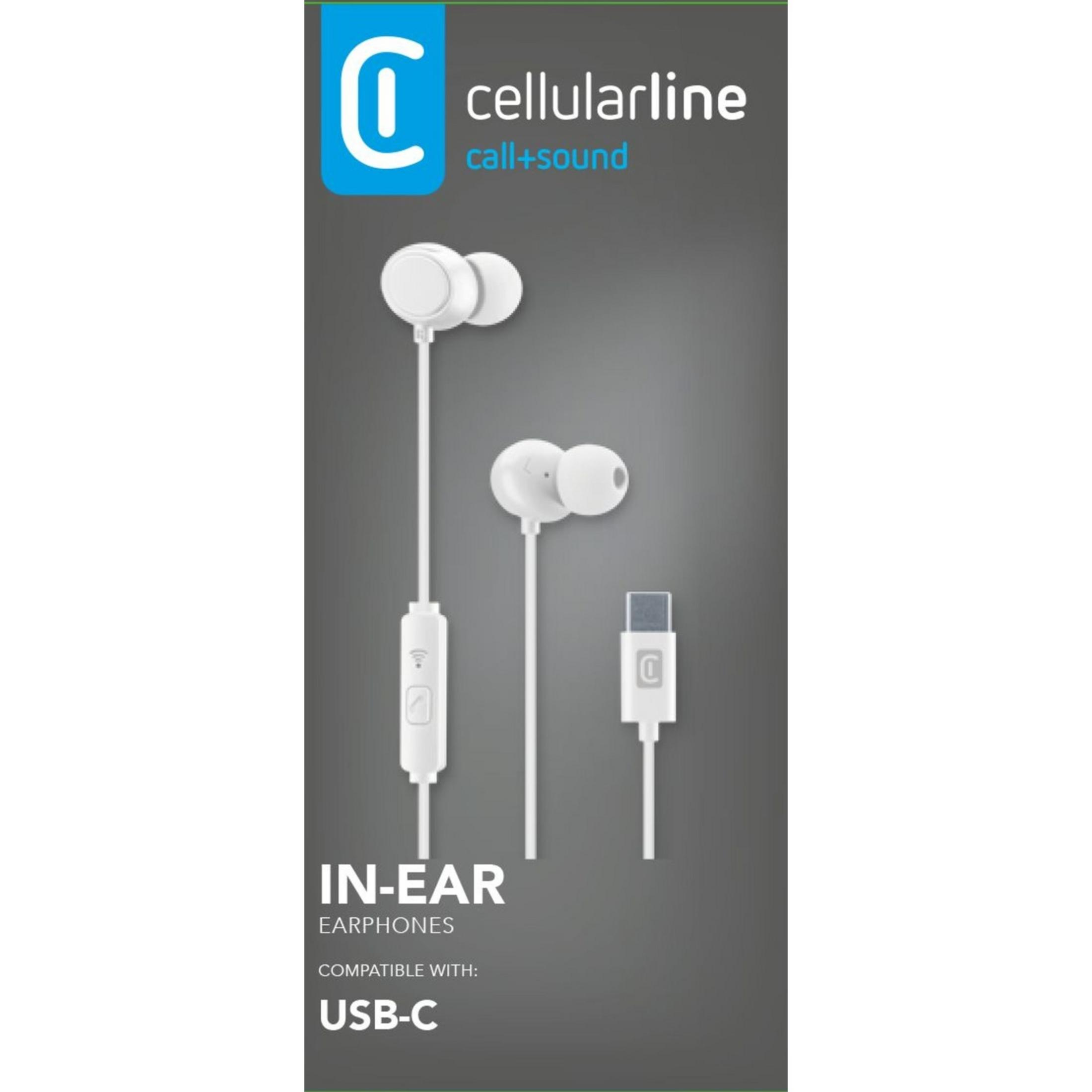 White in-ear earphones with USB-C connector and Cellularline logo.