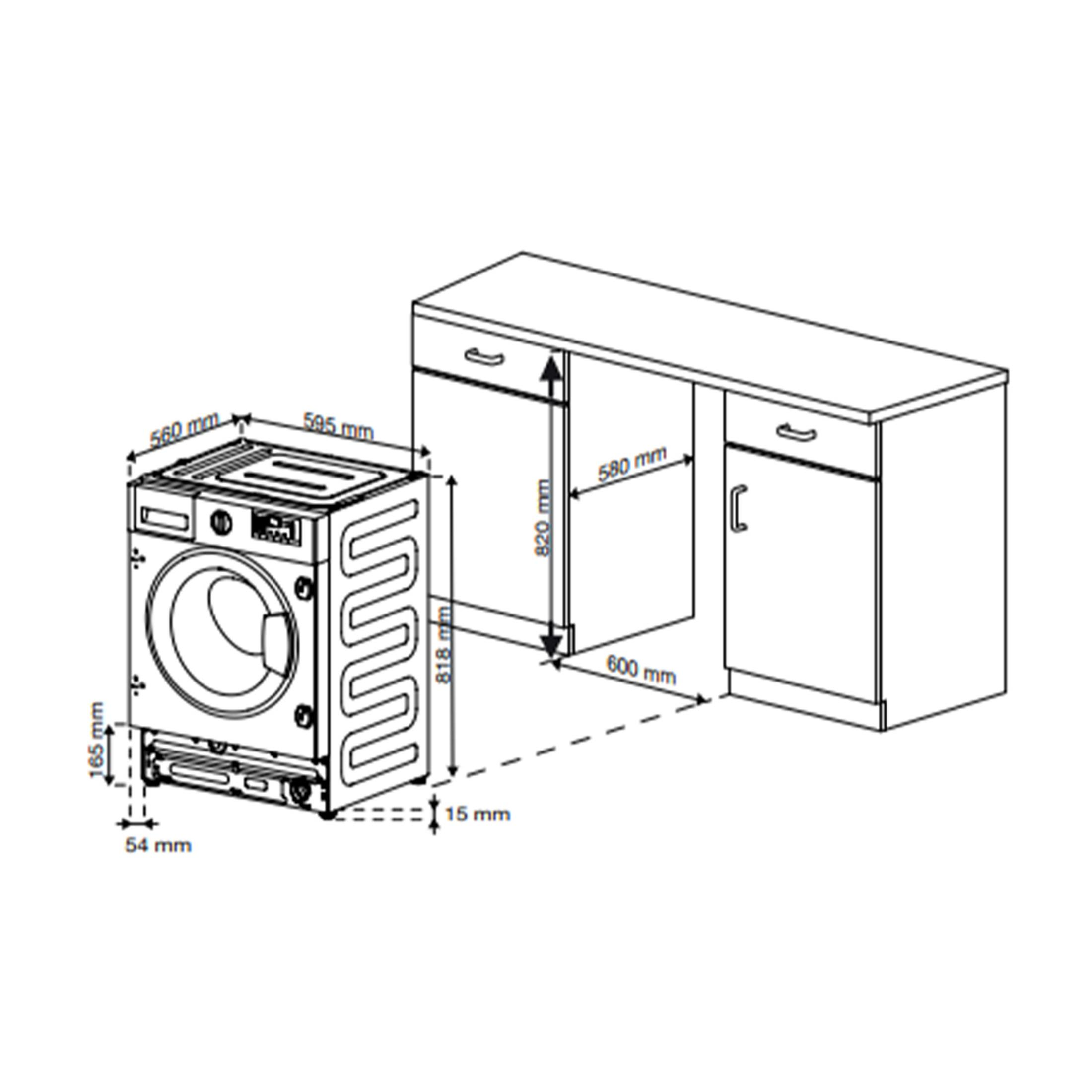 Disegno tecnico di una lavatrice accanto ad armadi con dimensioni.