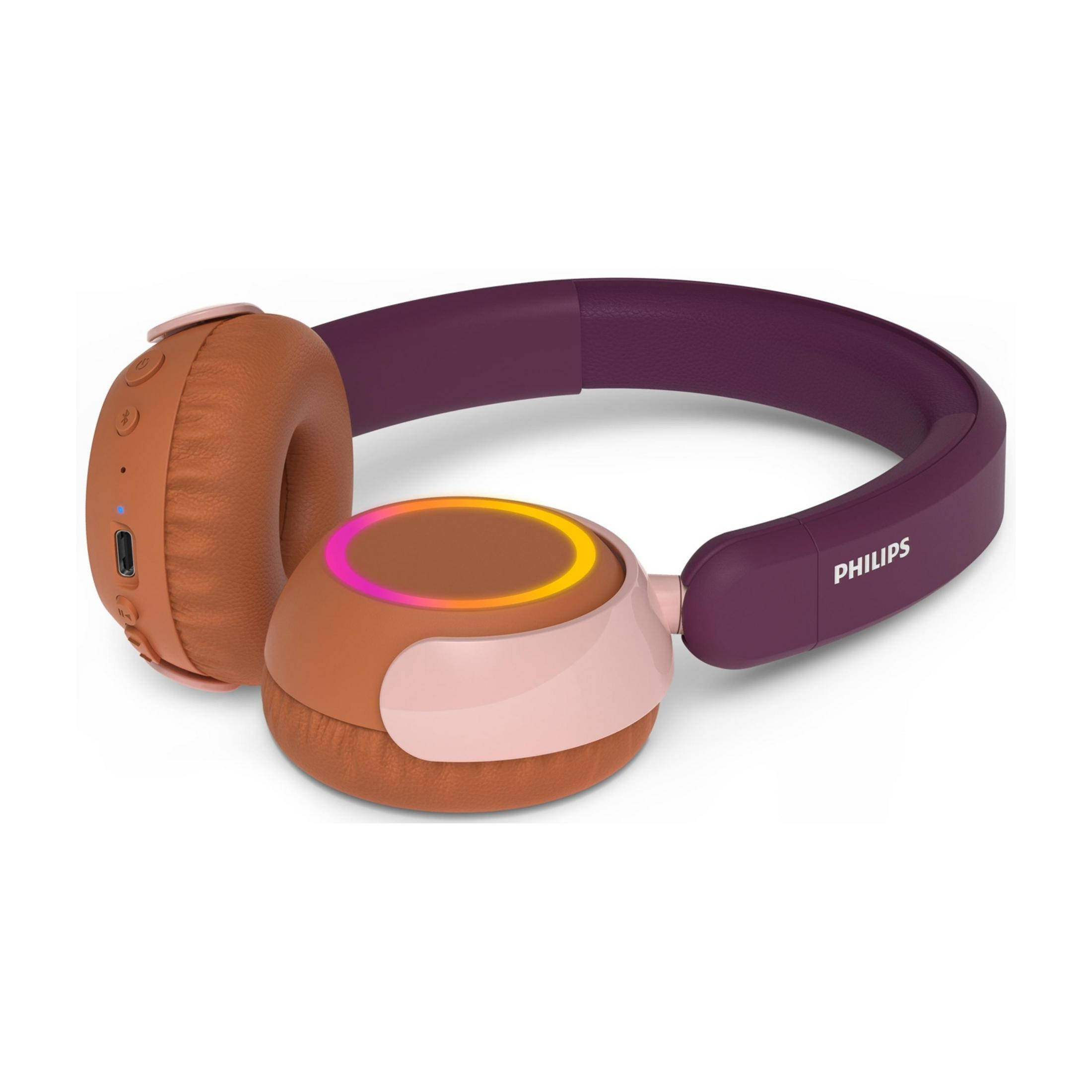 Casque Philips marron avec arceau violet et accents roses.