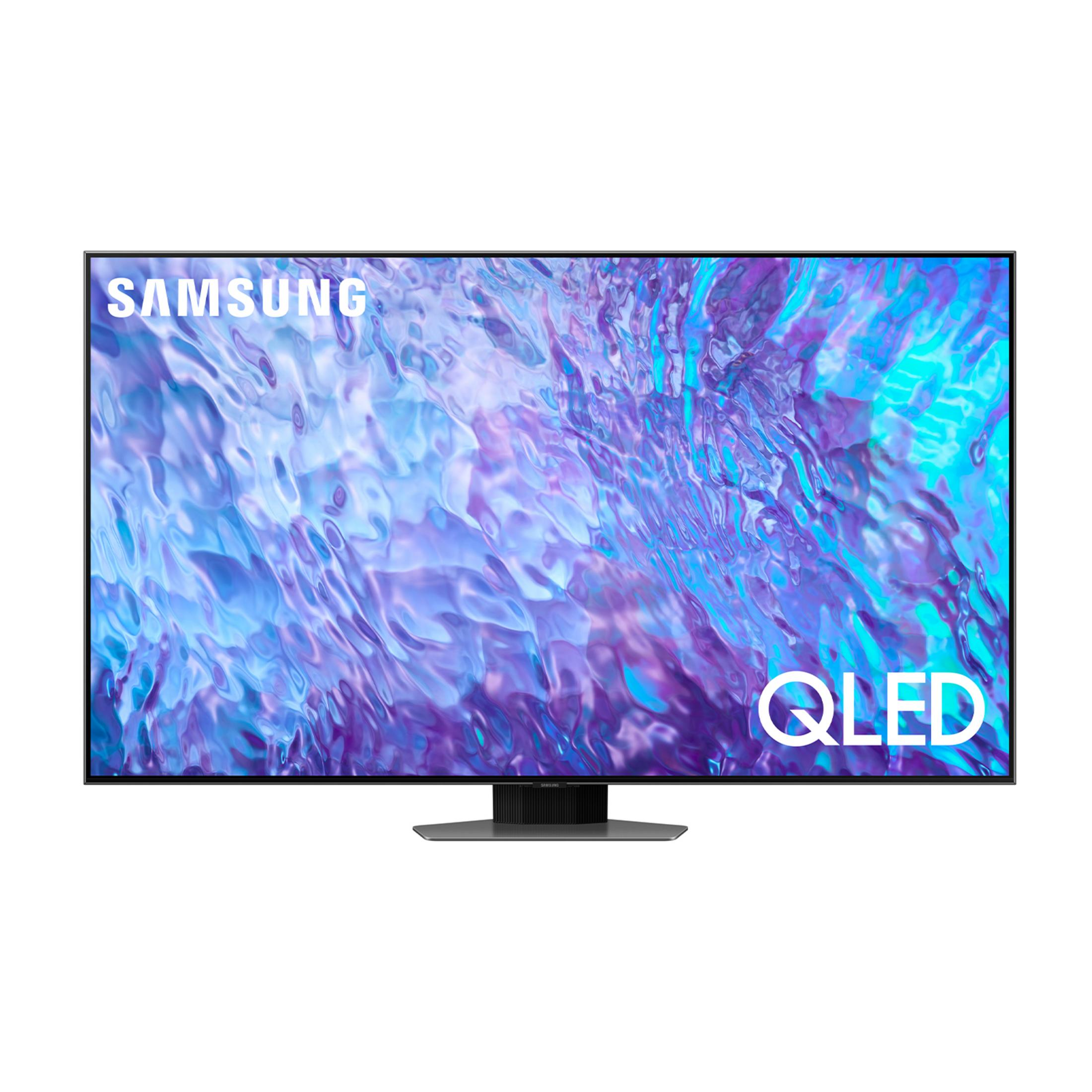 Una TV Samsung QLED con supporto elegante e sfondo colorato.