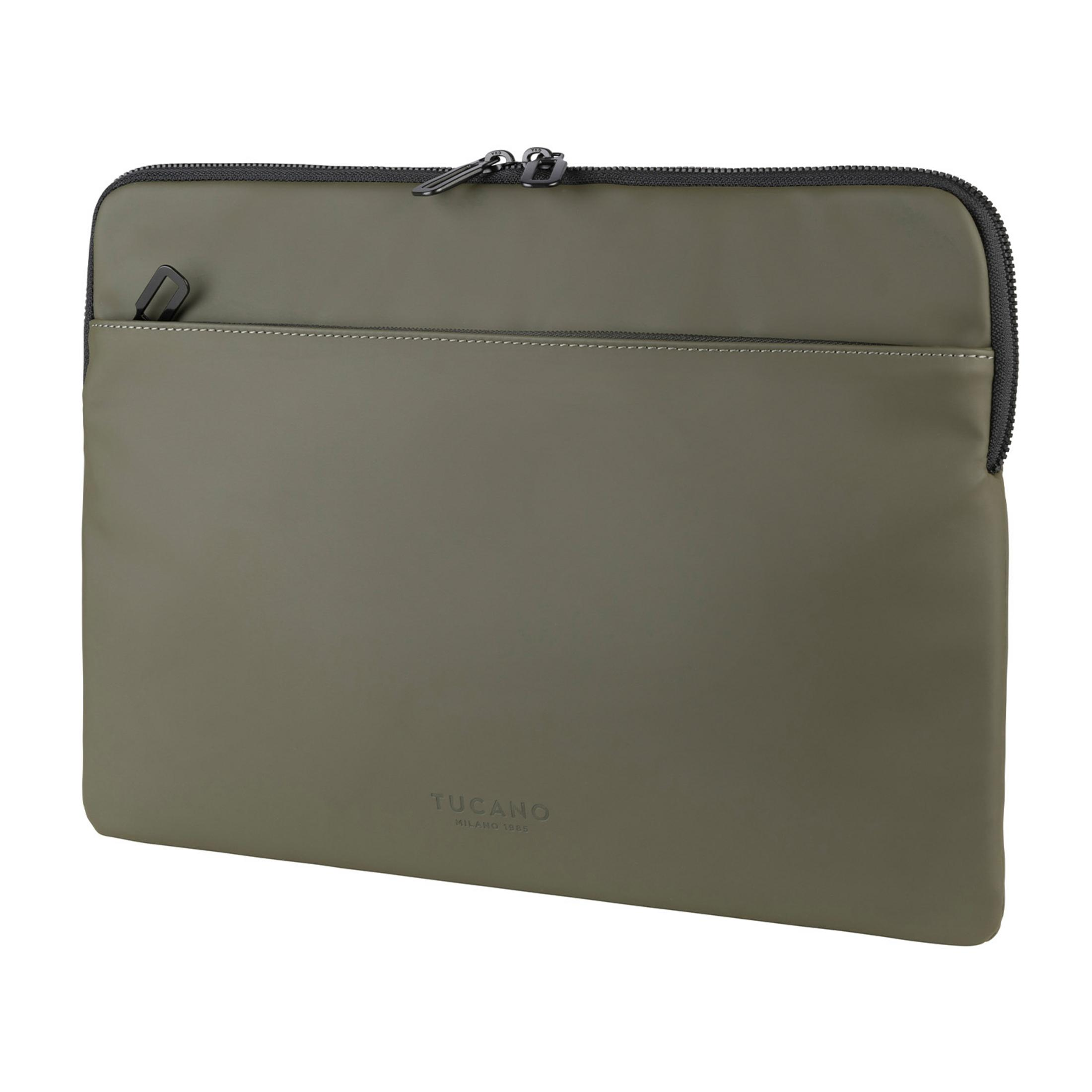 Eine olivgrüne Laptoptasche mit Reißverschluss und einem vorderen Fach.