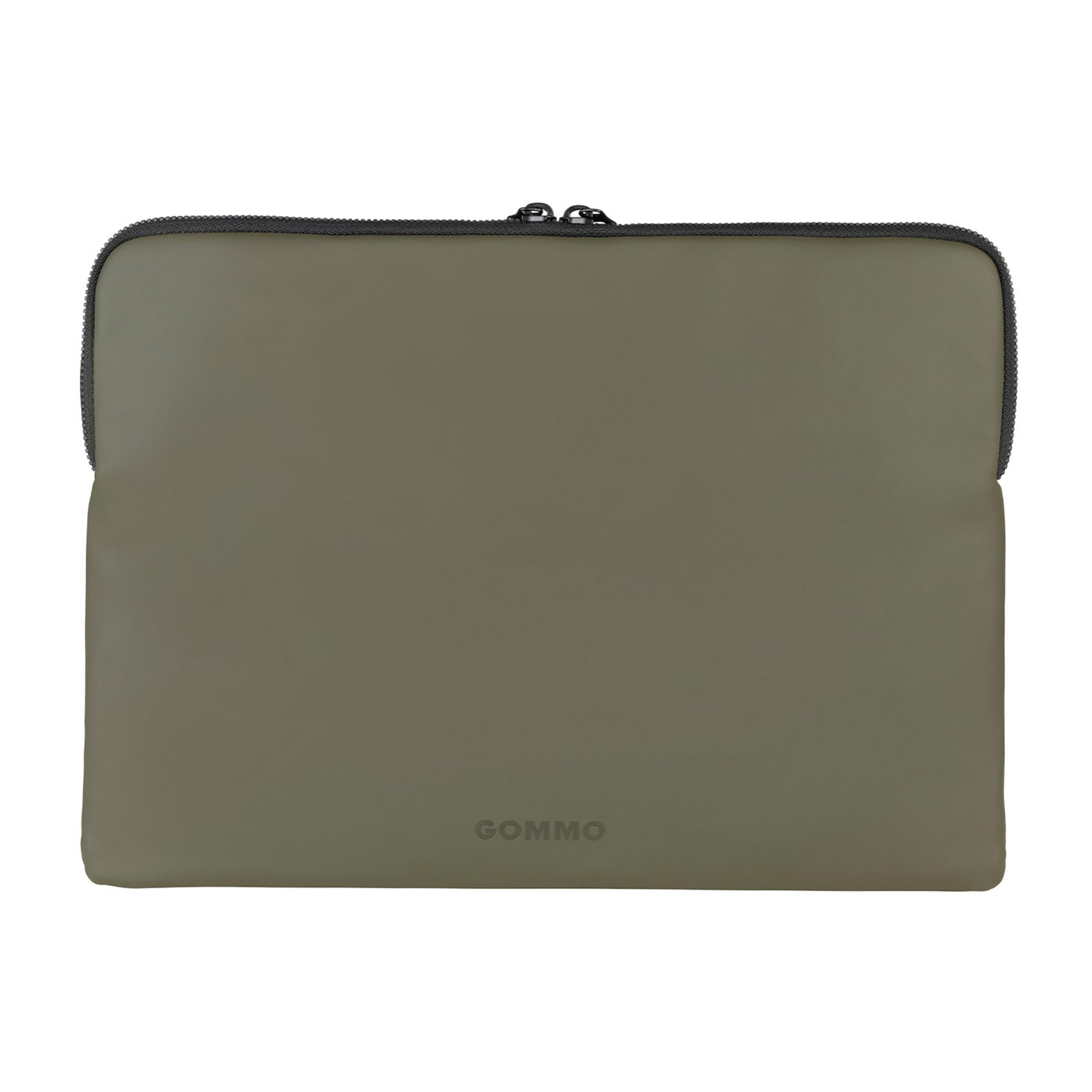 Eine olivgrüne Laptoptasche mit schwarzem Reißverschluss und dem GOMMO-Logo.