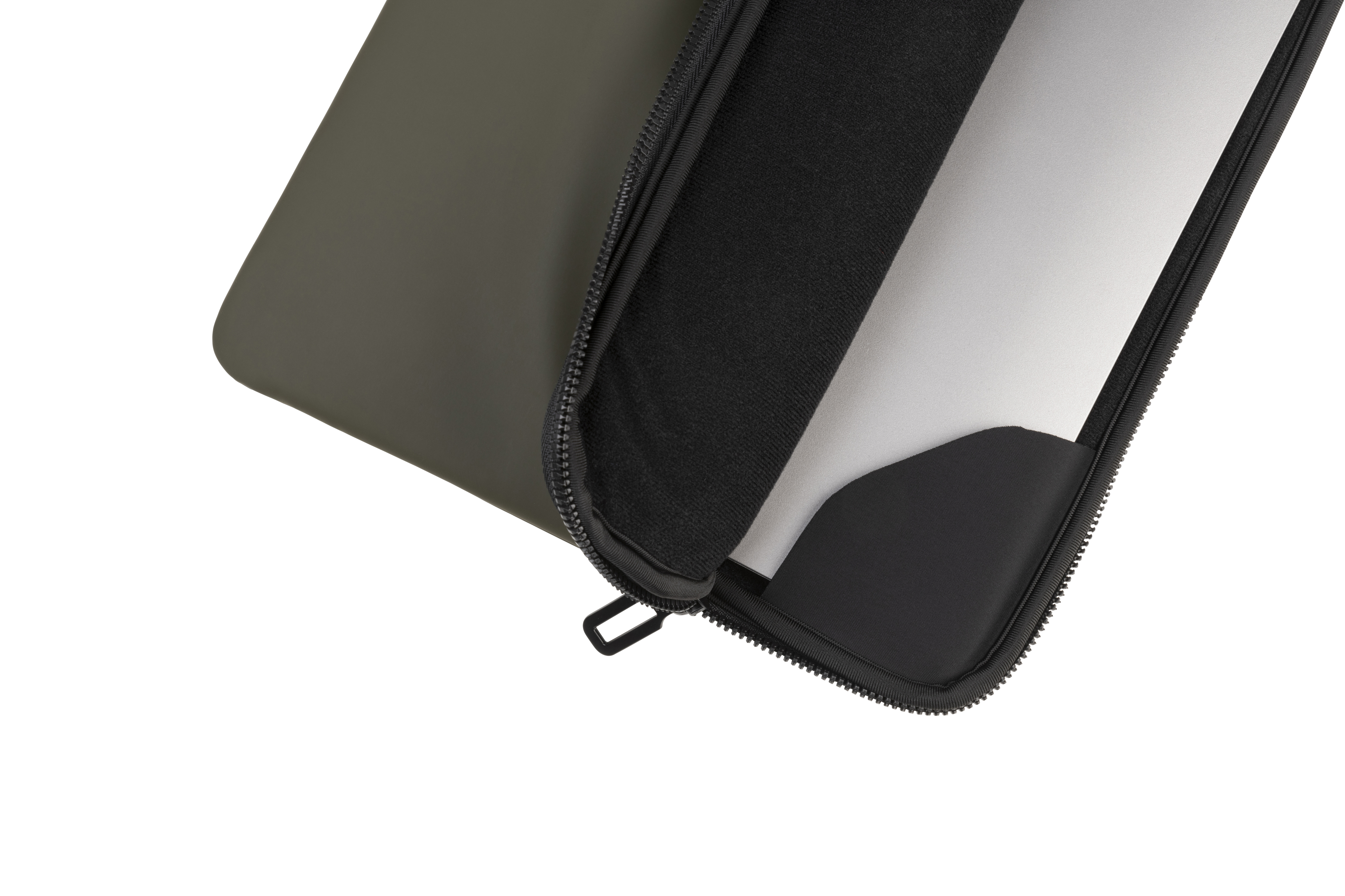 Dunkelgraue Laptoptasche mit schwarzem Reißverschluss und schwarzem Innenfutter.