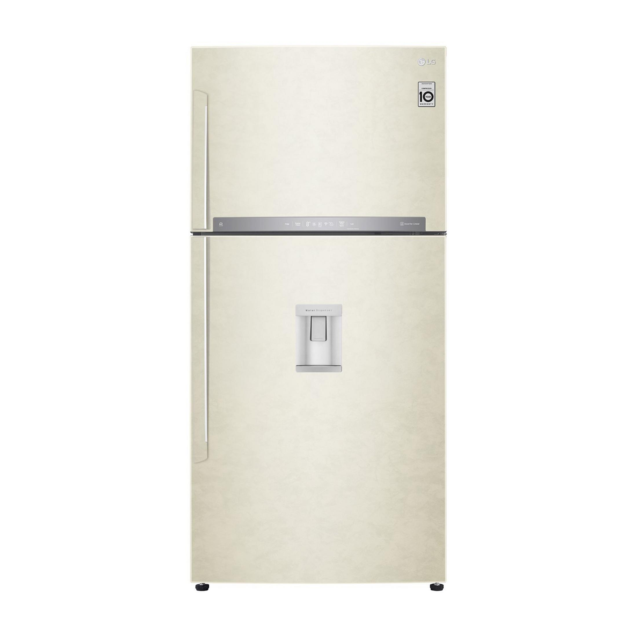 Frigorifero LG color crema con congelatore in alto e dispenser d'acqua.
