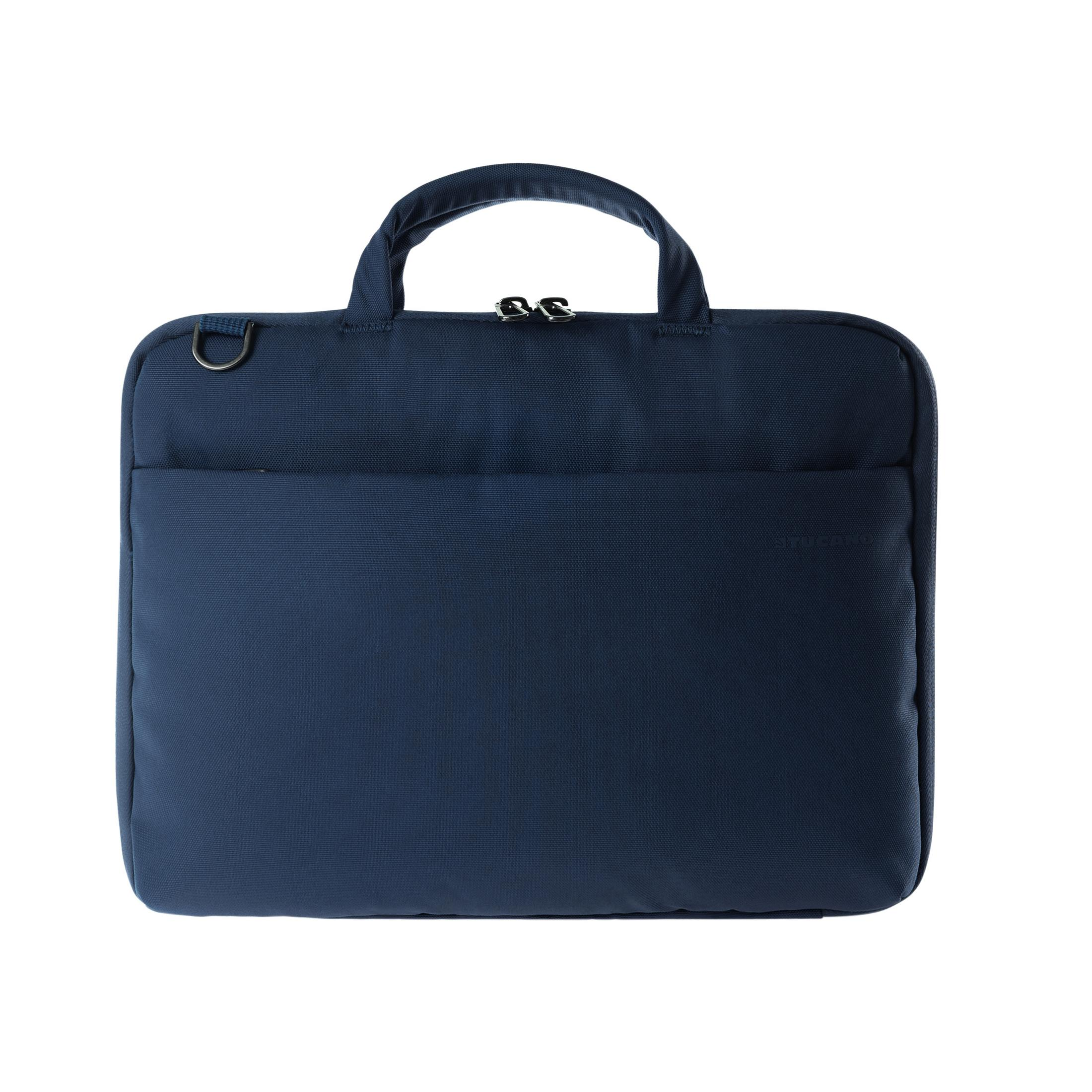 Dunkelblaue Laptoptasche mit Henkel und Reißverschluss.