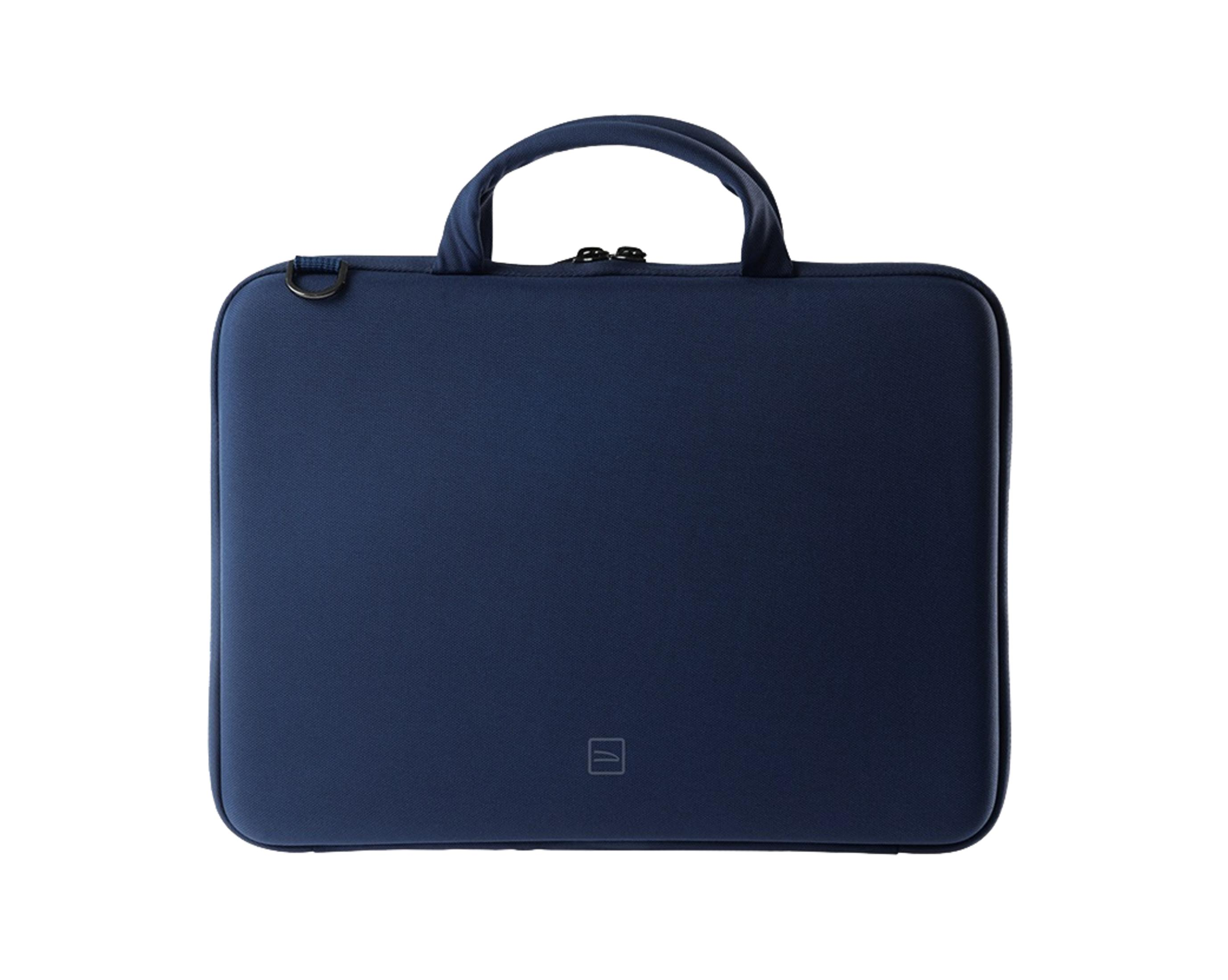 Eine dunkelblaue Laptoptasche mit zwei Tragegriffen und einem D-Ring.