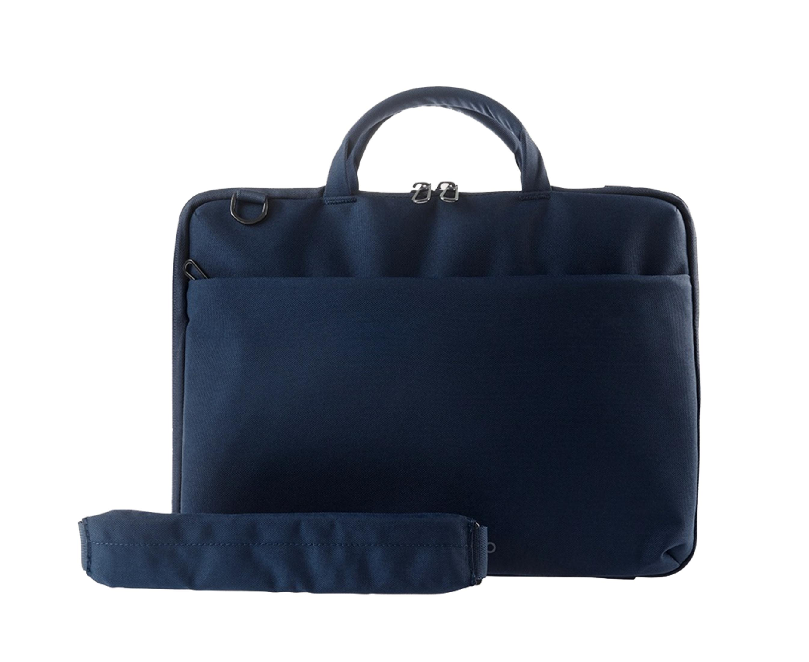 Eine dunkelblaue Laptoptasche mit Griff und abnehmbarem Riemen.