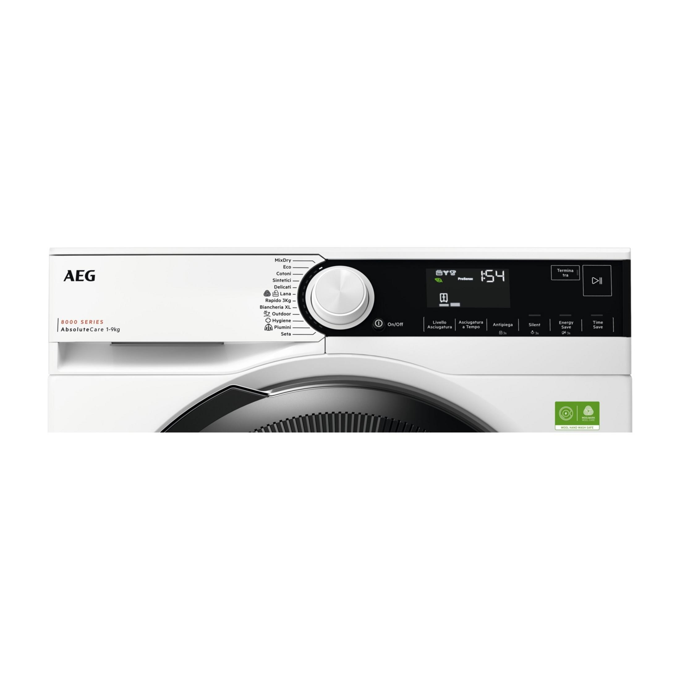 Lavatrice AEG bianca con display digitale e selettore programmi.