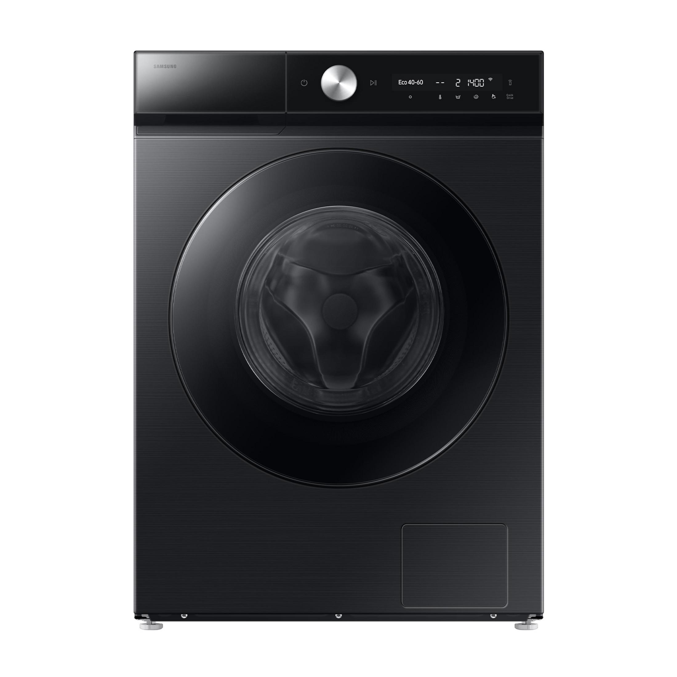 Machine à laver Samsung noire avec panneau de commande tactile et porte ronde.