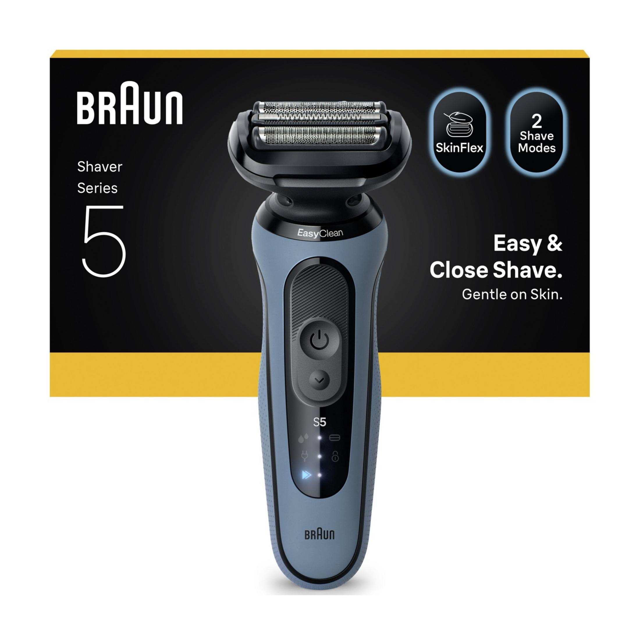 İki kesme başlığı ve gösterge ışıkları olan mavi bir Braun Series 5 tıraş makinesi.