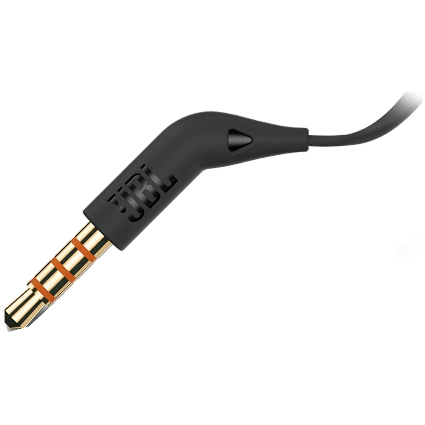 Schwarzer JBL-Kopfhörerstecker mit goldenen Ringen, weißer Hintergrund.