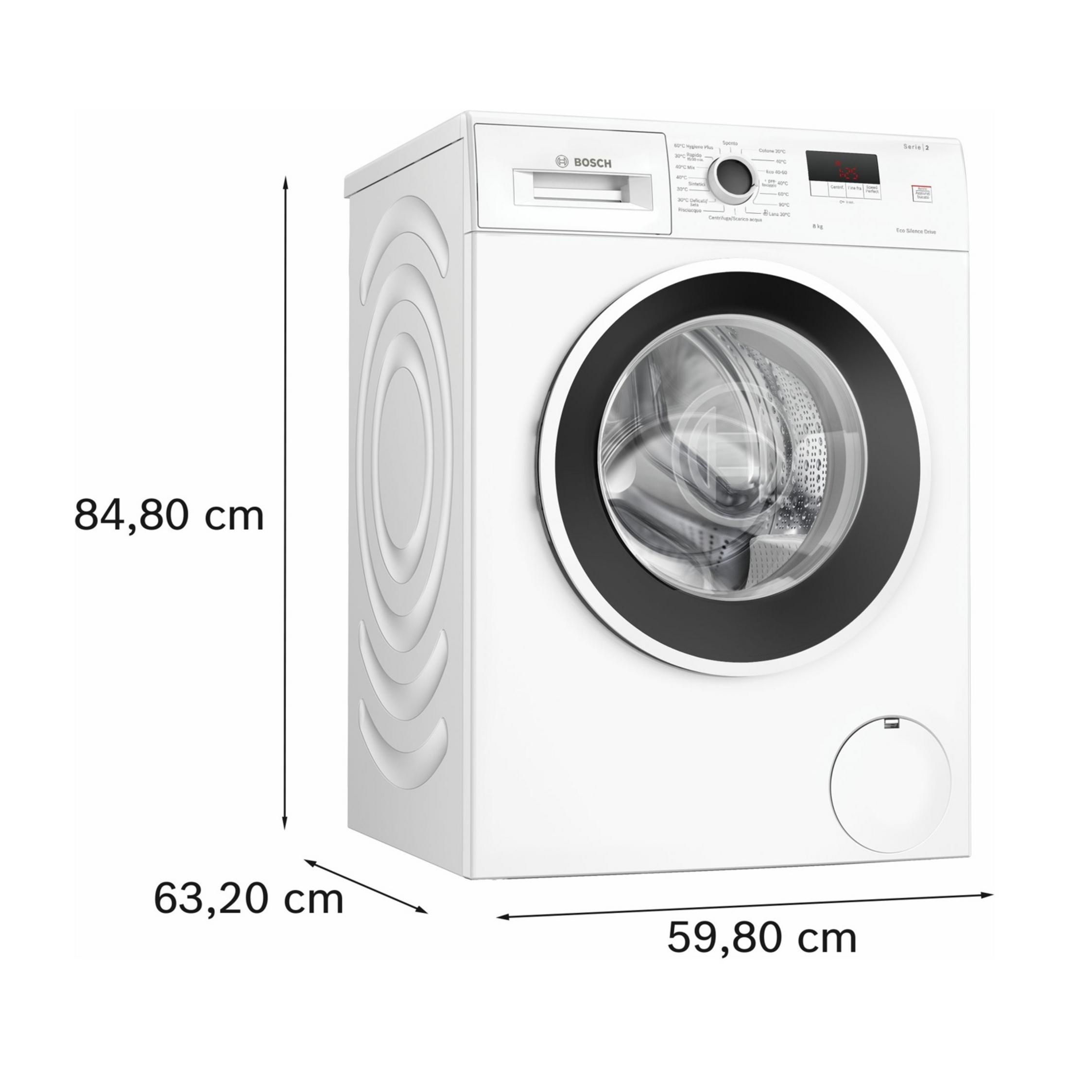 Een witte Bosch Serie 2 wasmachine met 8 kg capaciteit en digitale afmetingen.
