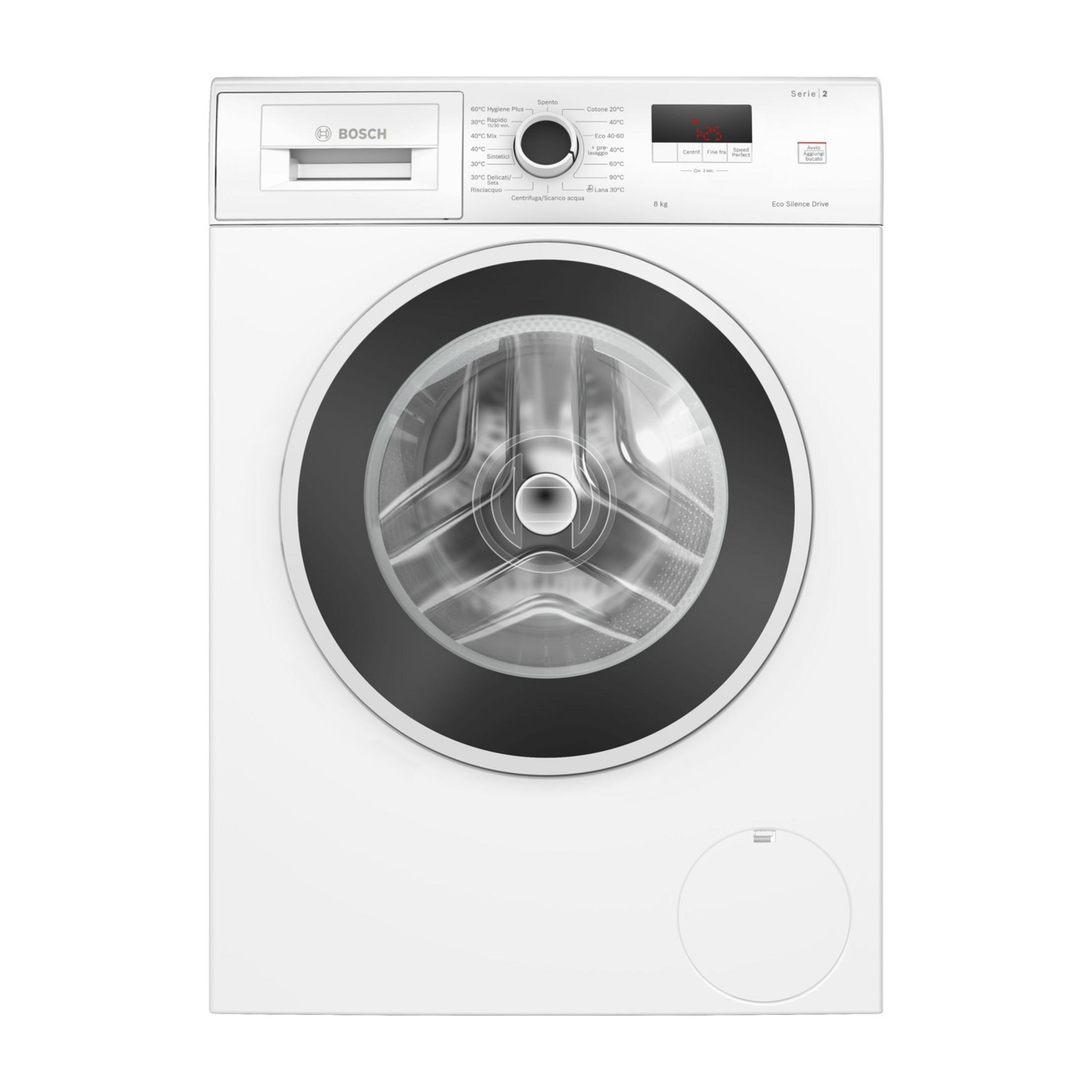 Een witte Bosch Serie 2 wasmachine met een zilveren trommel en digitaal display.