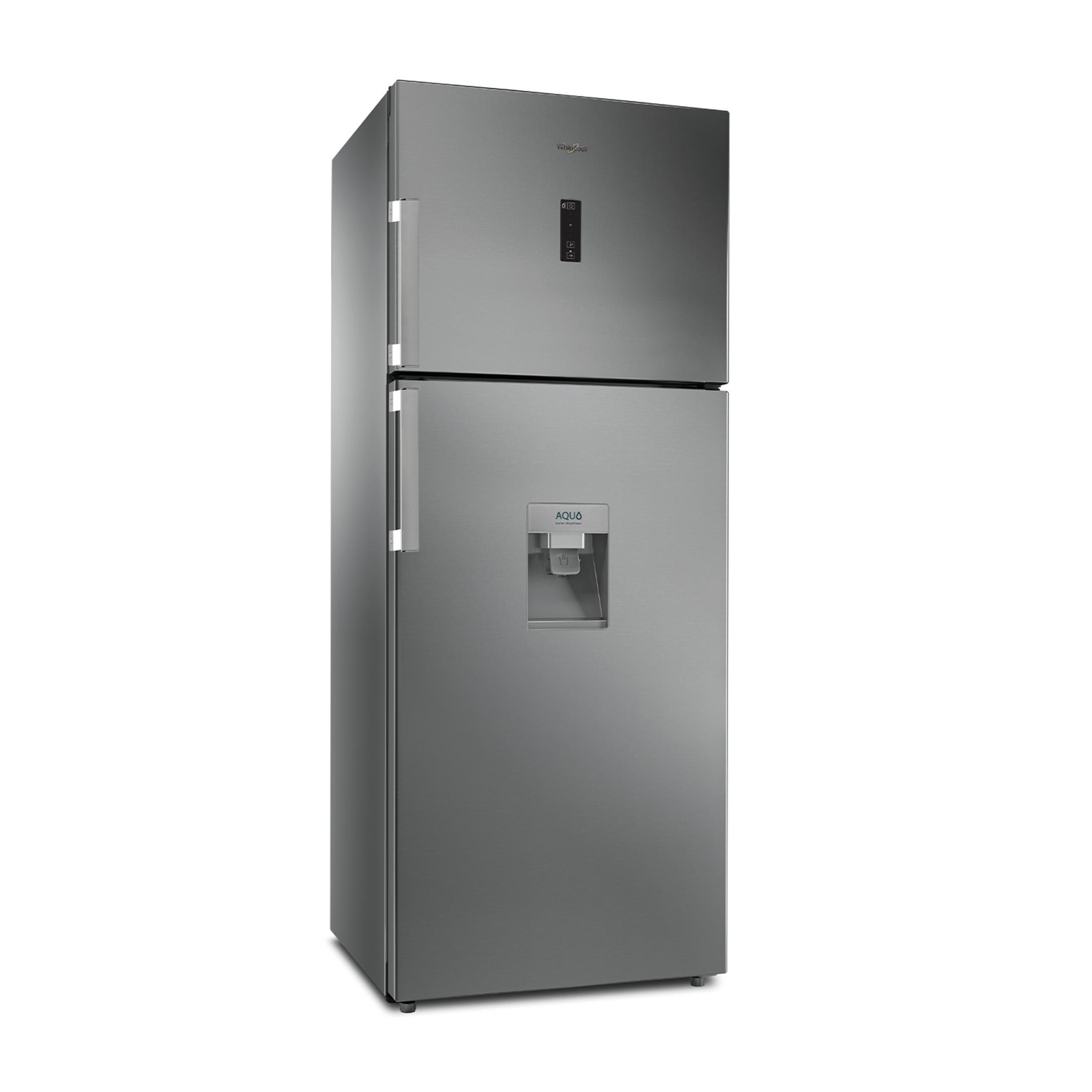 Frigorifero grigio con dispenser d'acqua e display digitale.