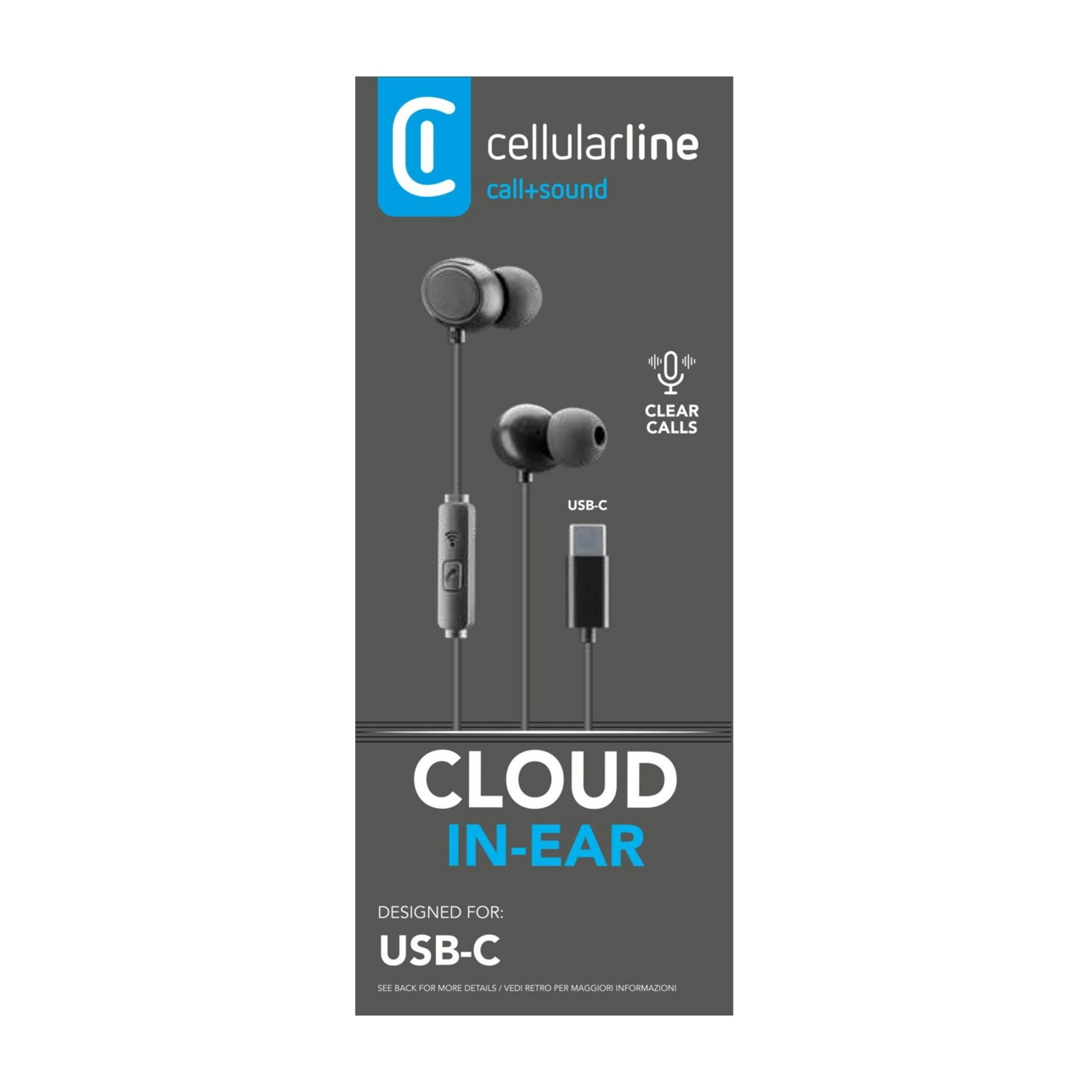 Black in-ear headphones with USB-C connector and microphone.