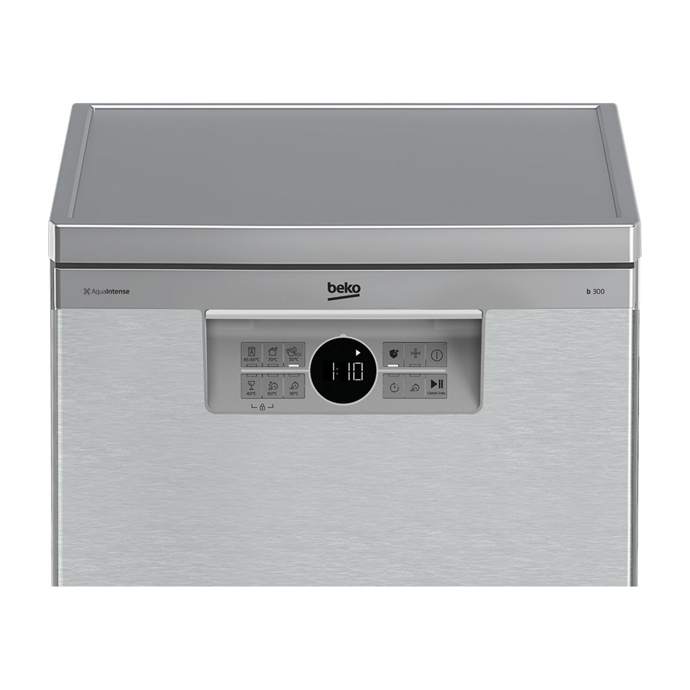 Srebrna zmywarka Beko z cyfrowymi kontrolkami i wyświetlaczem czasu.