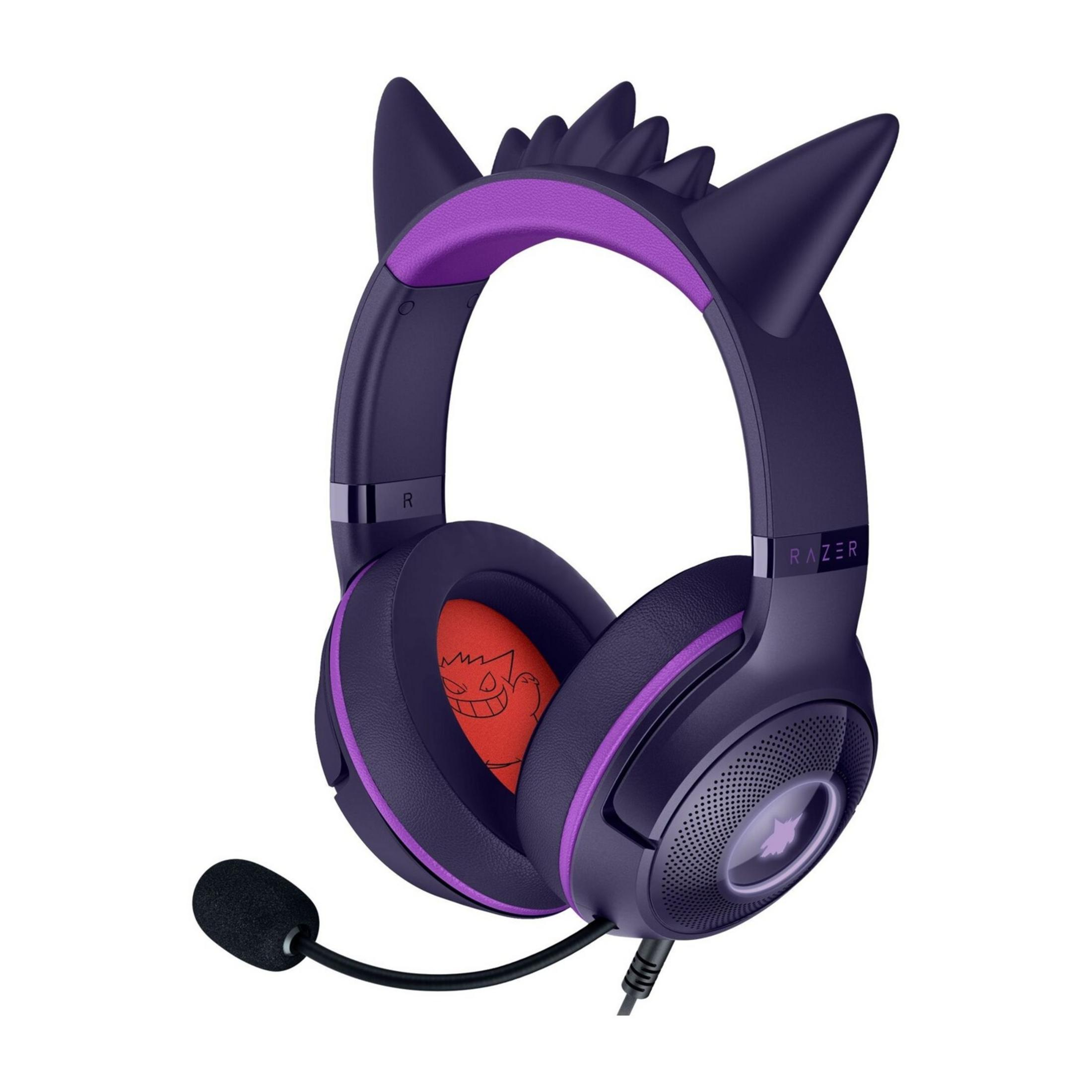Fioletowe słuchawki z kocimi uszami i motywem Gengara, mikrofon.