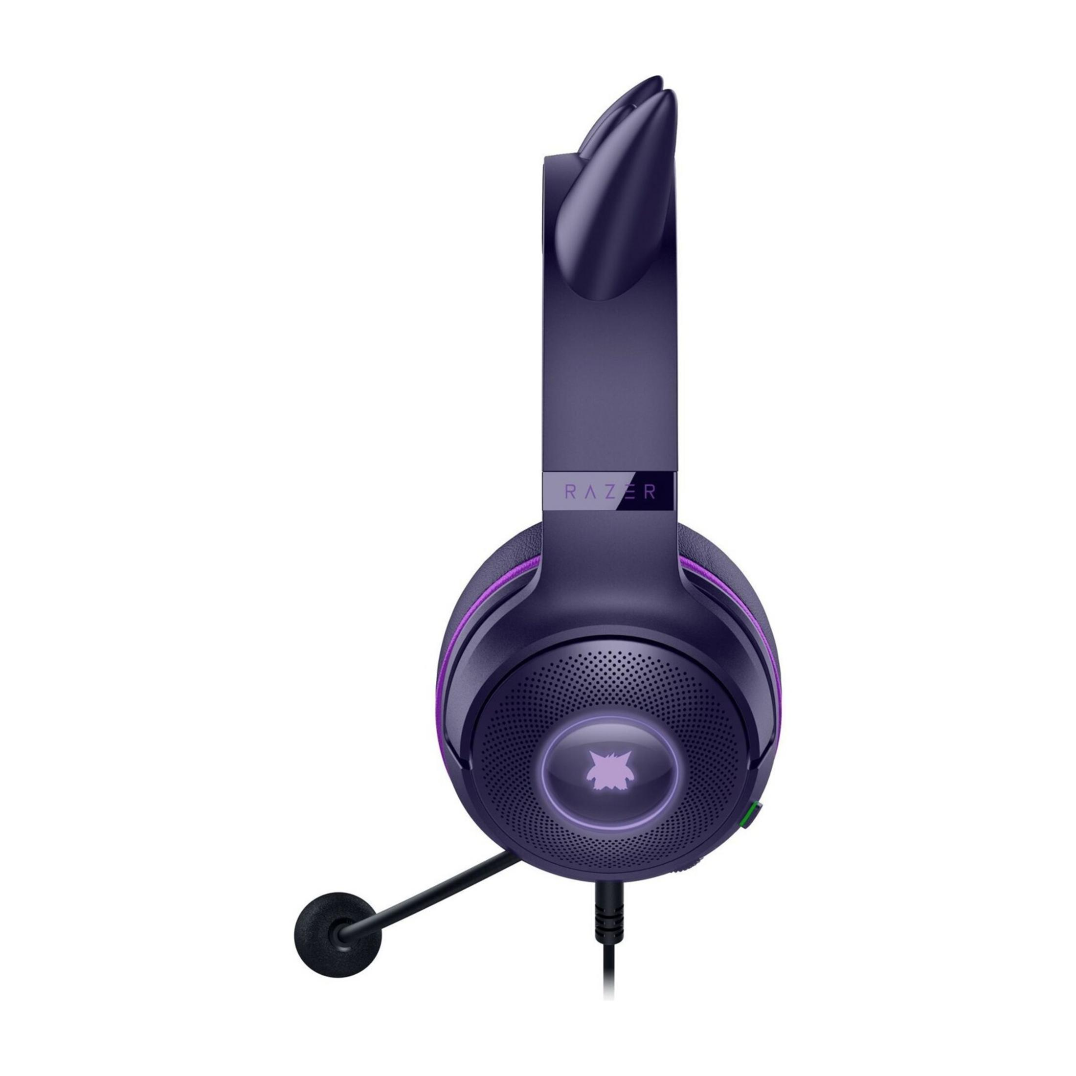 Fioletowe słuchawki gamingowe Razer z mikrofonem, świecącym logo i akcentami.