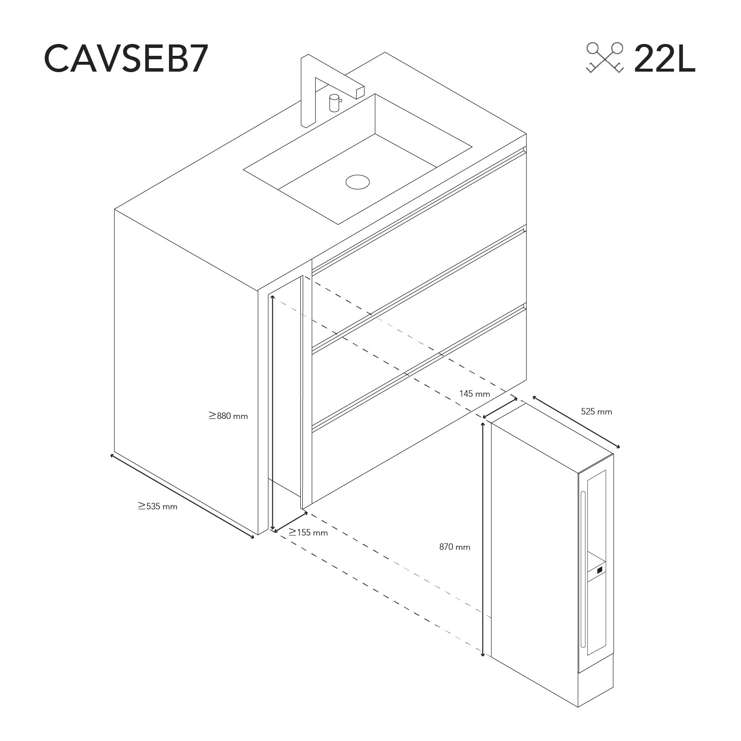 Dibujo técnico de un mueble de lavabo con dimensiones y un elemento separado.