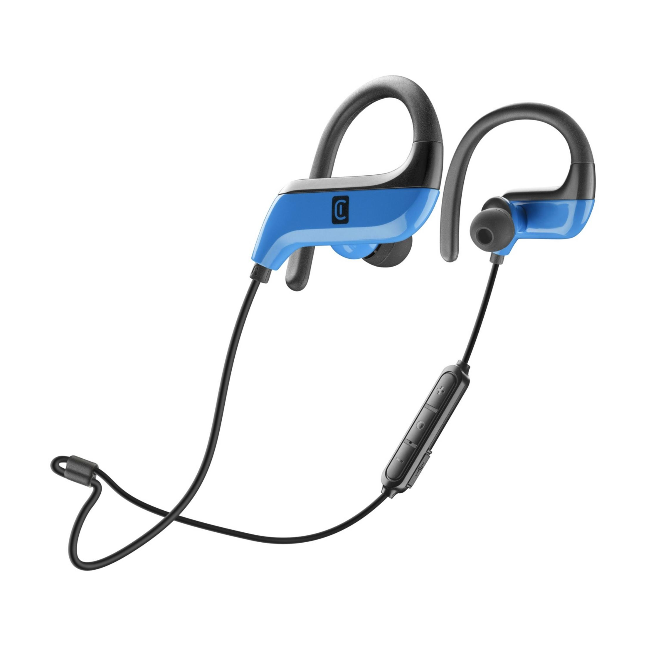 Niebiesko-czarne bezprzewodowe słuchawki z zaczepami na uszy i sterowaniem.