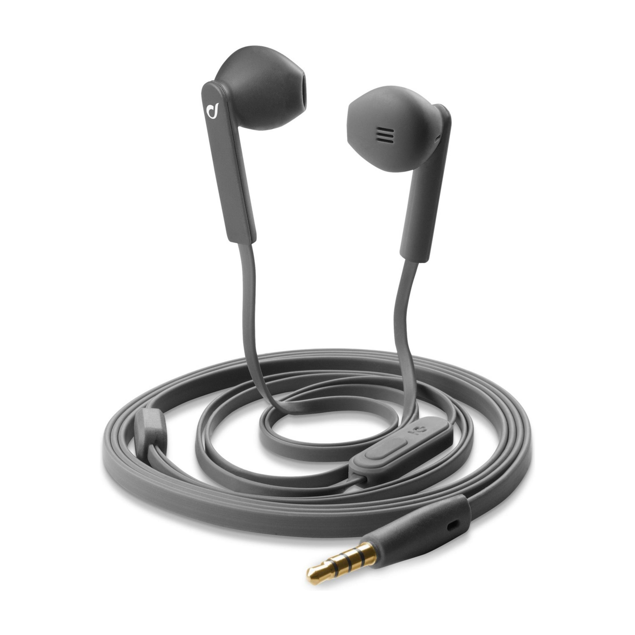 Grijze in-ear oordopjes met snoer en 3,5 mm aansluiting.