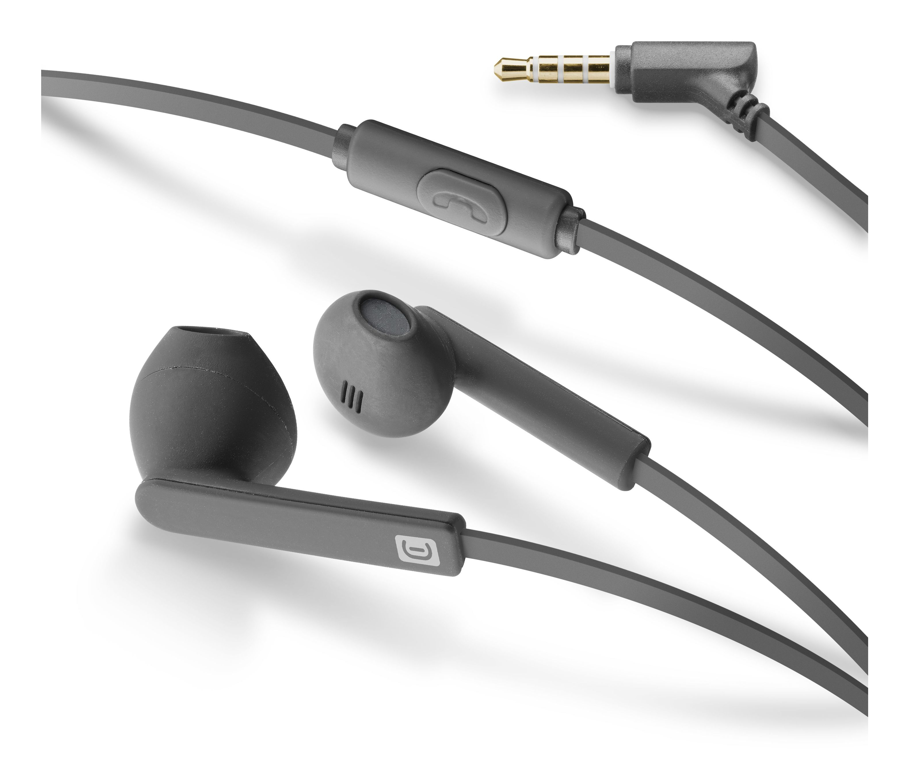Auriculares grises con micrófono y conector jack de 3,5 mm.