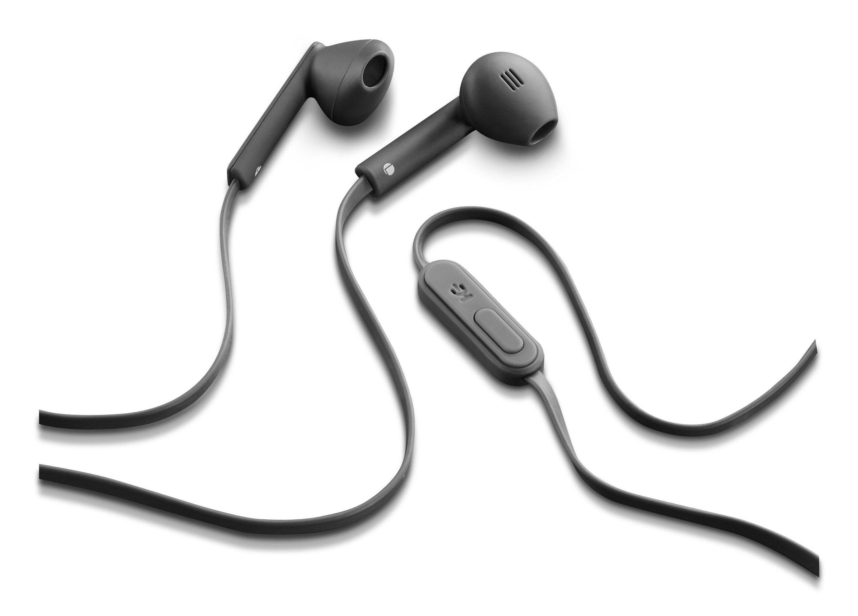 Auriculares grises in-ear con cable y control remoto en línea.