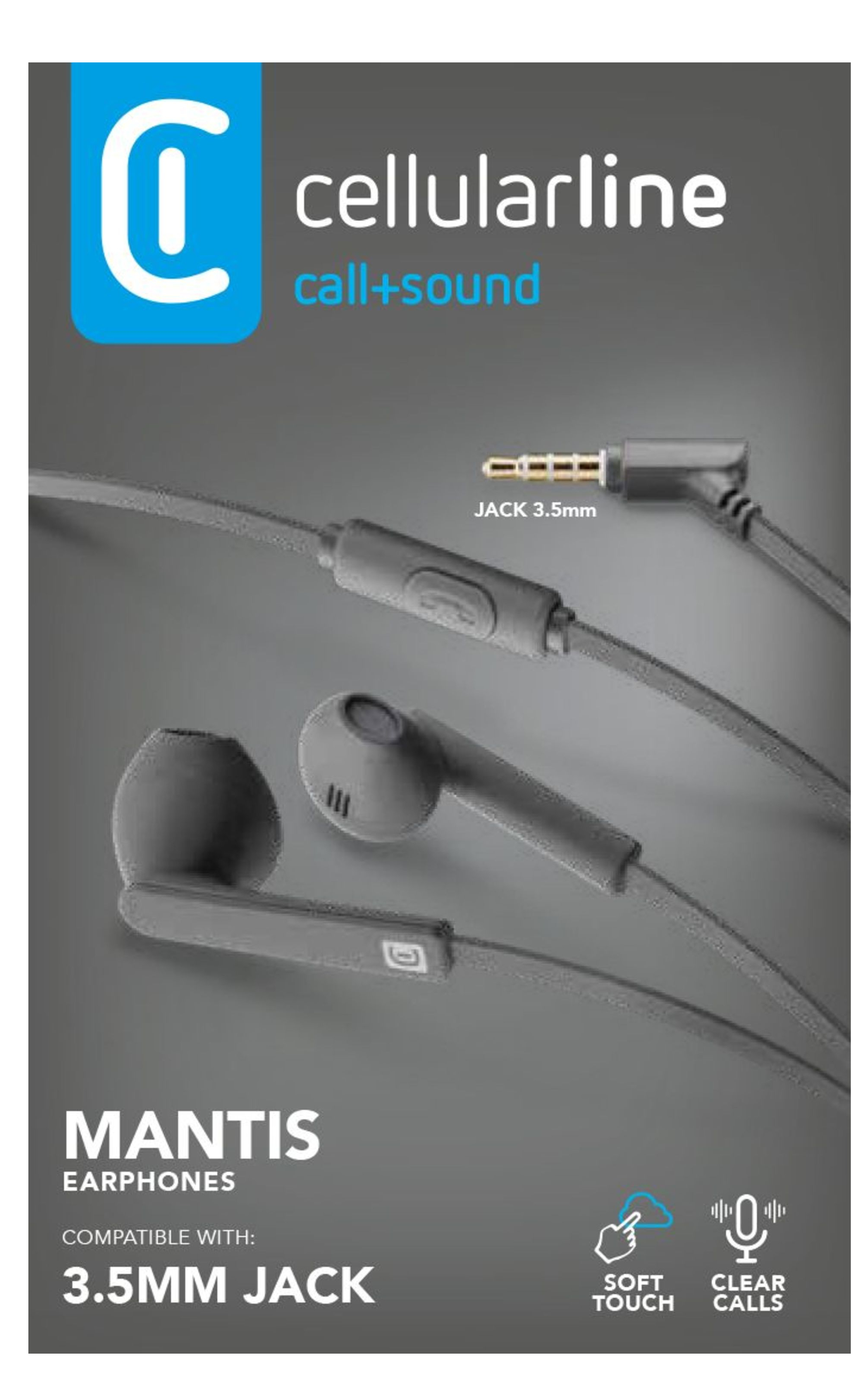 Auriculares grises Cellularline Mantis con jack de 3,5 mm y controles en línea.