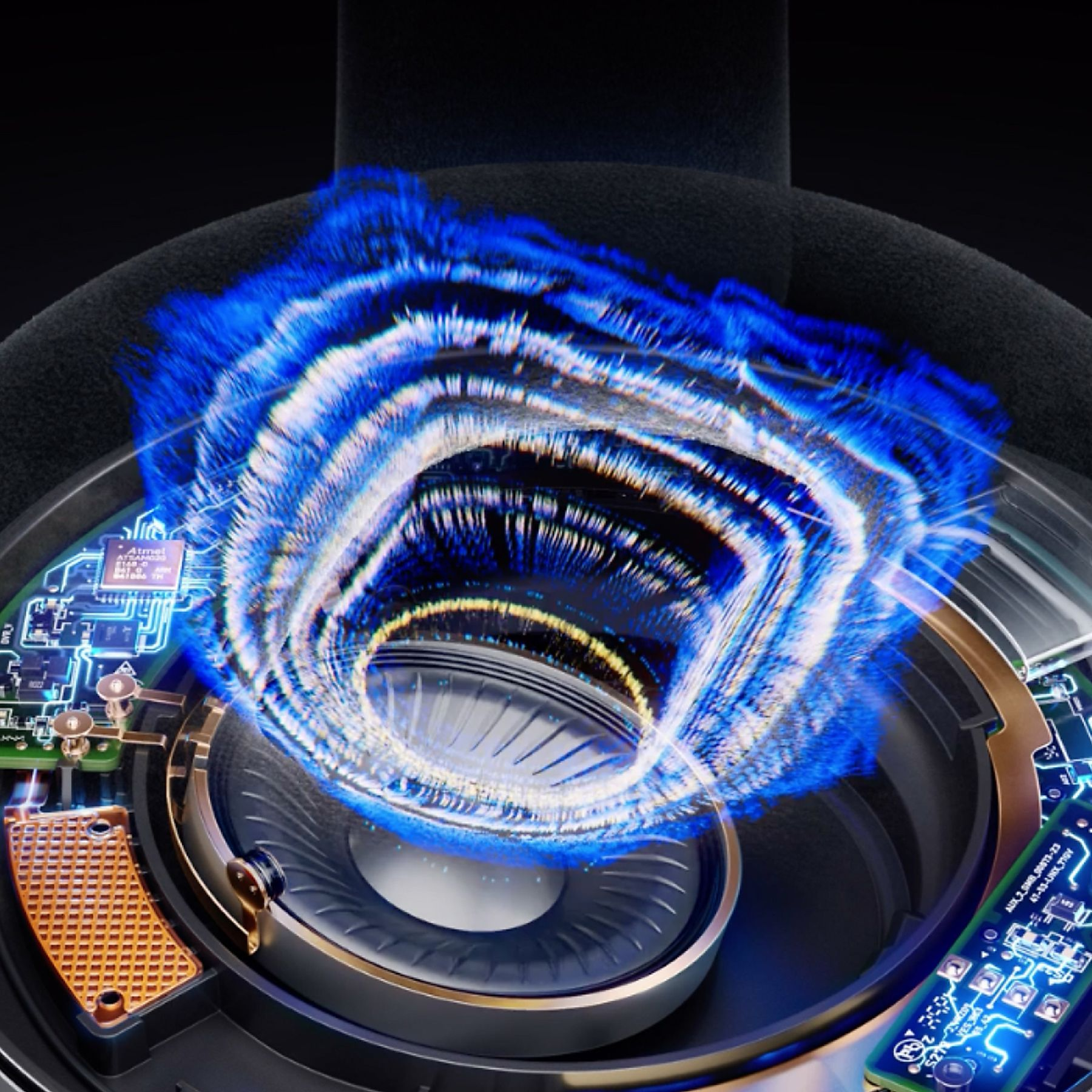 Zbliżenie przetwornika słuchawek z niebieską falą dźwiękową.